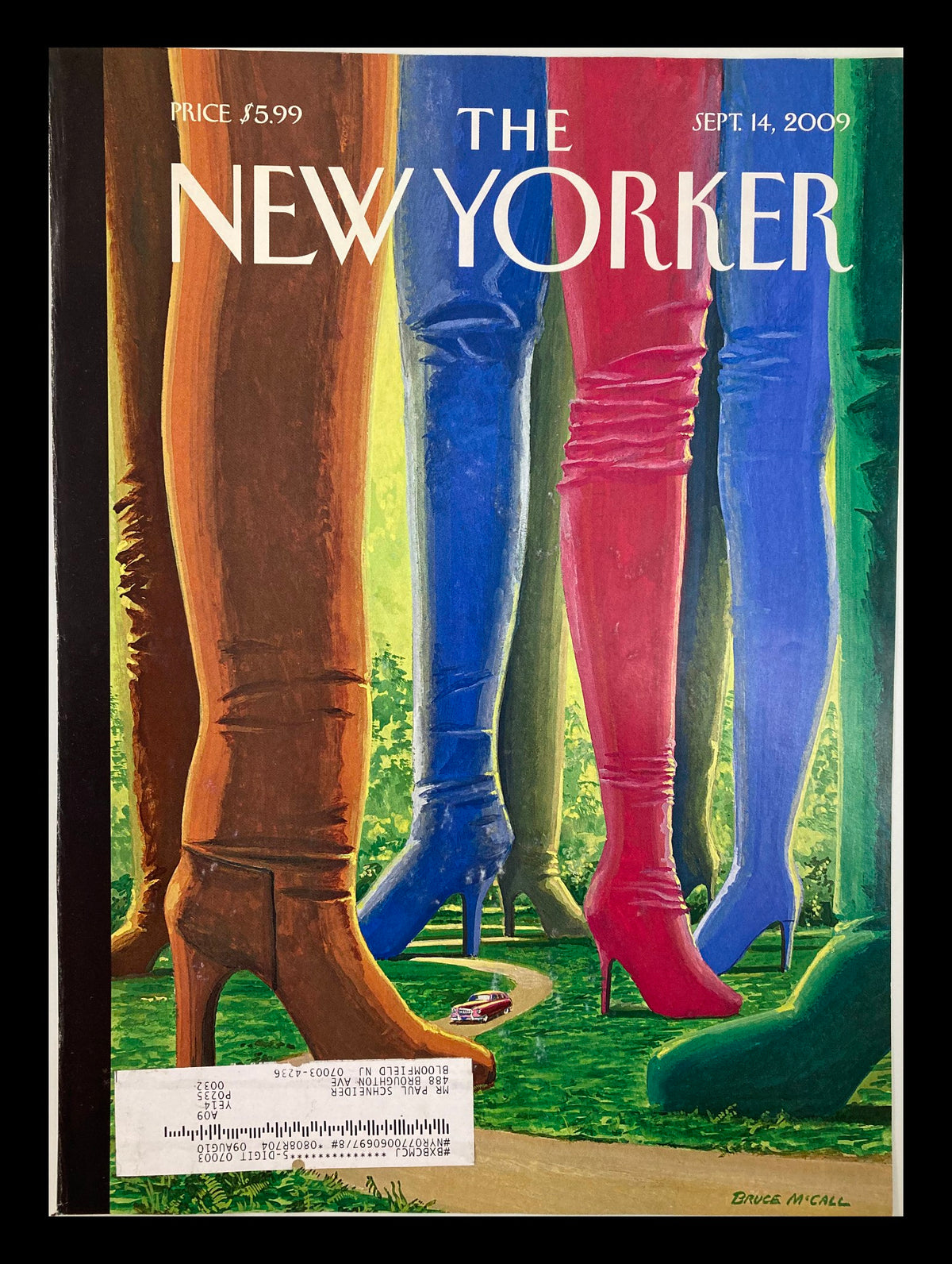 The New Yorker September 14 2009 cover featuring an artistic illustration titled 'Step Into Style' by Bruce McCall, showcasing colorful high-heeled boots against a vibrant background, capturing a sense of fashion and sophistication.