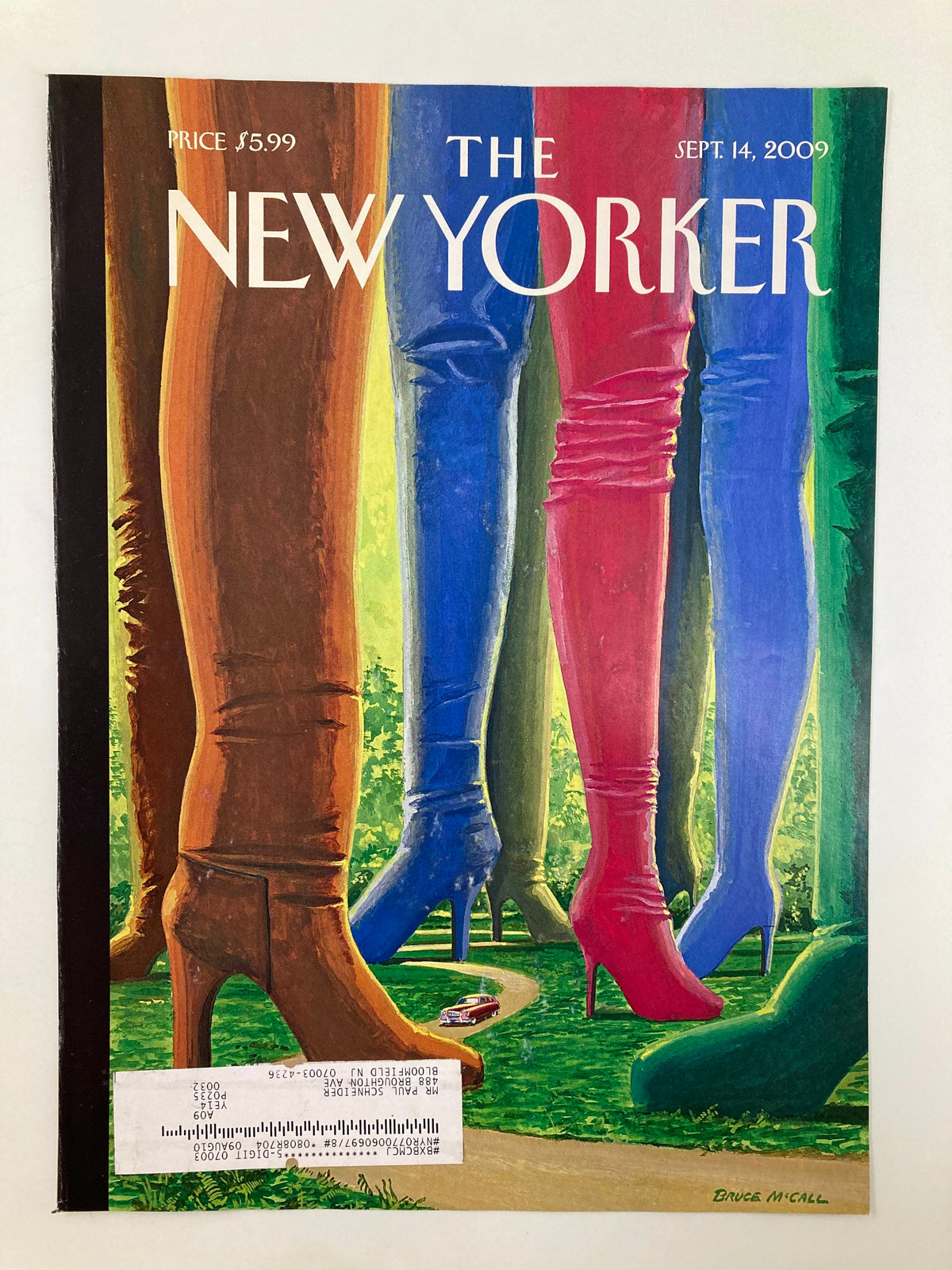 COVER ONLY The New Yorker September 14 2009, featuring the artistic illustration 'Step Into Style' by Bruce McCall, showcasing vibrant knee-high boots in a picturesque green setting.