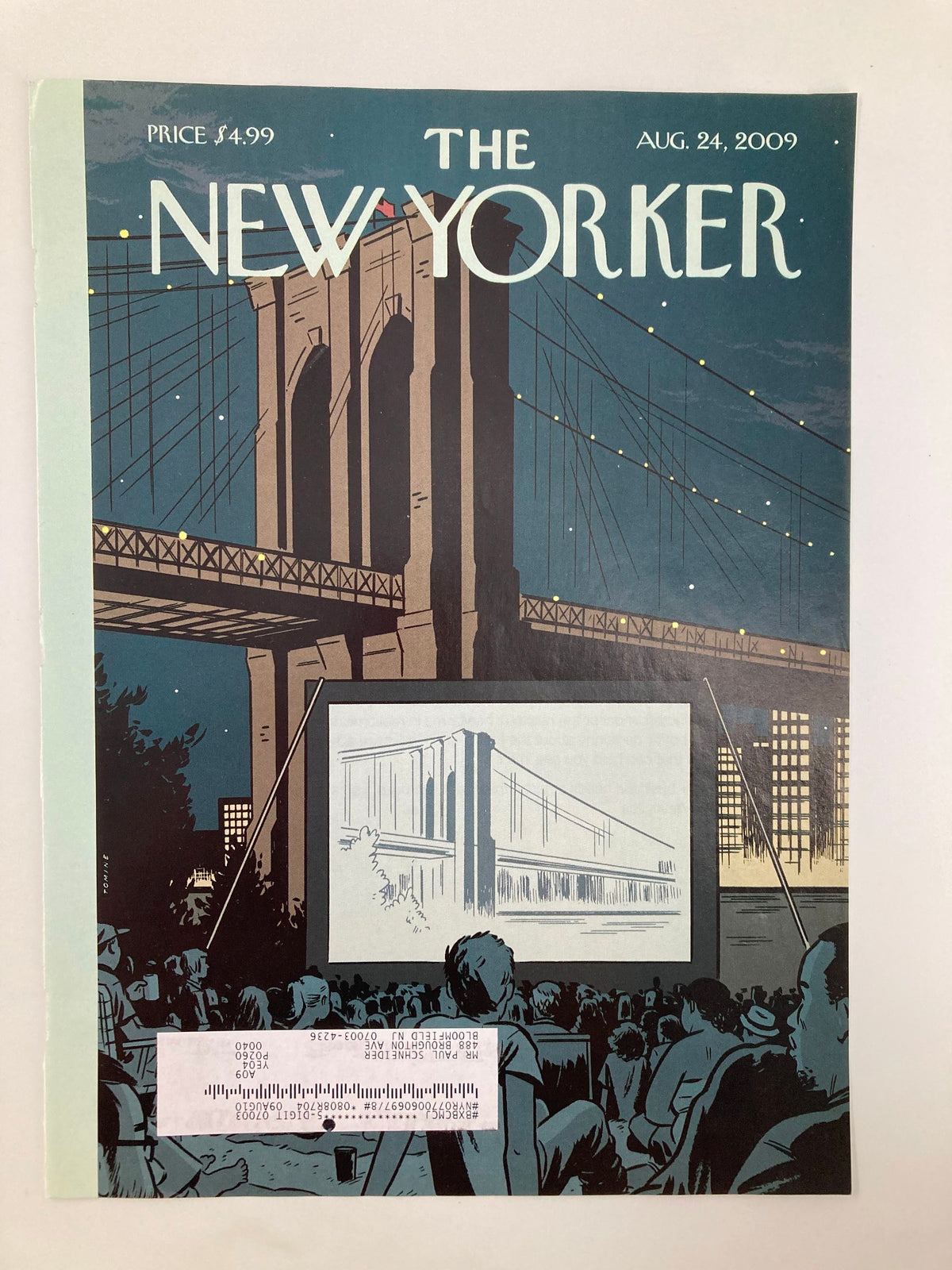 The New Yorker August 24 2009 cover featuring a double feature illustration by Adrian Tomine, showcasing a vibrant nighttime scene with the Brooklyn Bridge and a large movie screen.