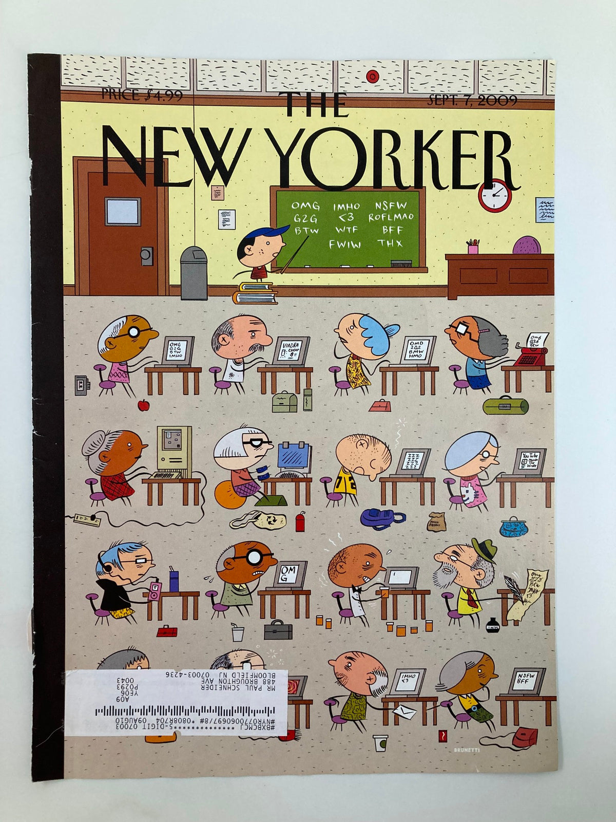 The New Yorker Cover September 7 2009 - Required Texts by Ivan Brunetti, showcasing an illustrated classroom filled with diverse characters engaged in various activities.