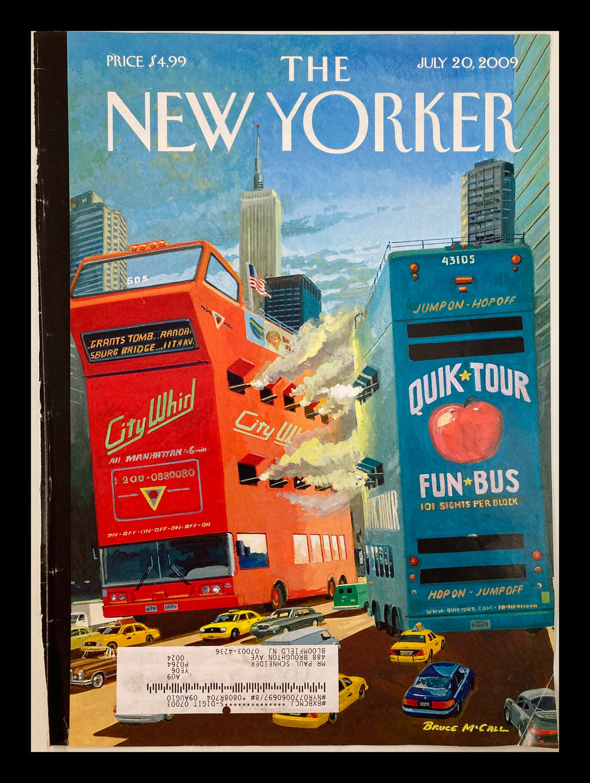 The New Yorker July 20 2009 Tour Wars Cover featuring vibrant double-decker buses in a New York City setting painted by Bruce McCall.