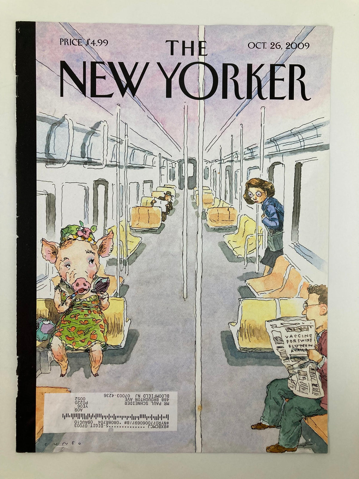 Cover of The New Yorker, October 26, 2009, titled 'Flu Season' by John Cuneo, depicting a whimsical illustration of a pig dressed in floral attire on a subway train, as a woman engages with her newspaper.