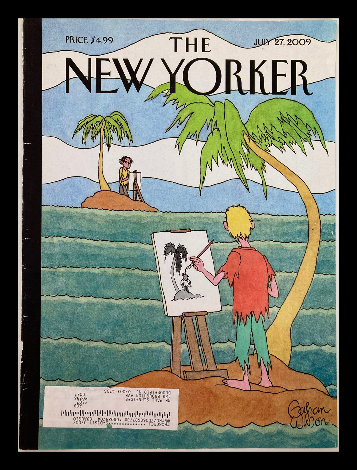 Cover of The New Yorker July 27, 2009, featuring the Cartoon Island artwork by Gahan Wilson, depicting a whimsical island scene with a character painting on the beach.