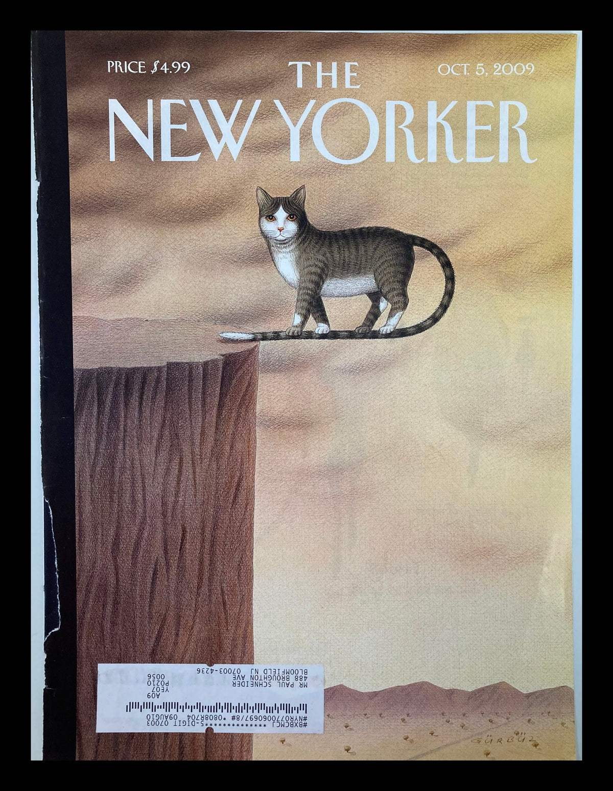 Cover of The New Yorker, October 5, 2009, titled 'On The Edge' featuring a cat standing confidently on a cliff edge, illustrated by Gurbuz Dogan Eksioglu.