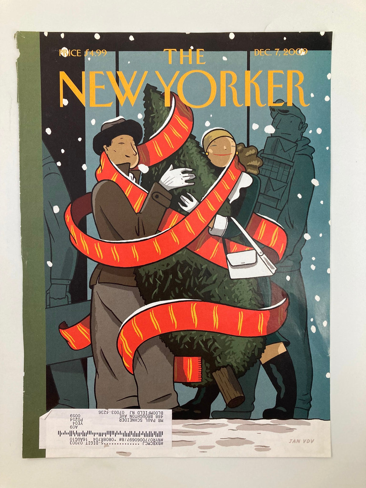 Cover of The New Yorker December 7 2009 showcasing a charming design by Jan Van Der Veken, illustrating a festive scene with two people around a Christmas tree, wrapped in red scarves, amidst falling snow.