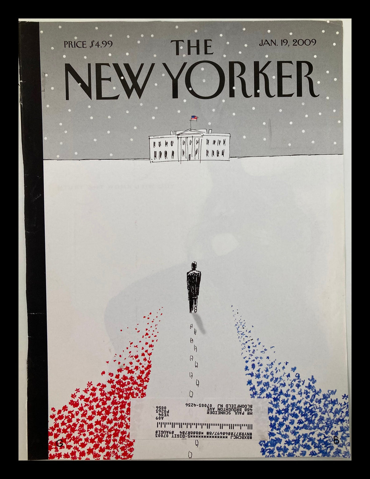 Cover art of The New Yorker, January 19, 2009, titled 'To the White House' by Guy Billout, featuring a snowy landscape with a man walking towards the White House flanked by red and blue pathways.