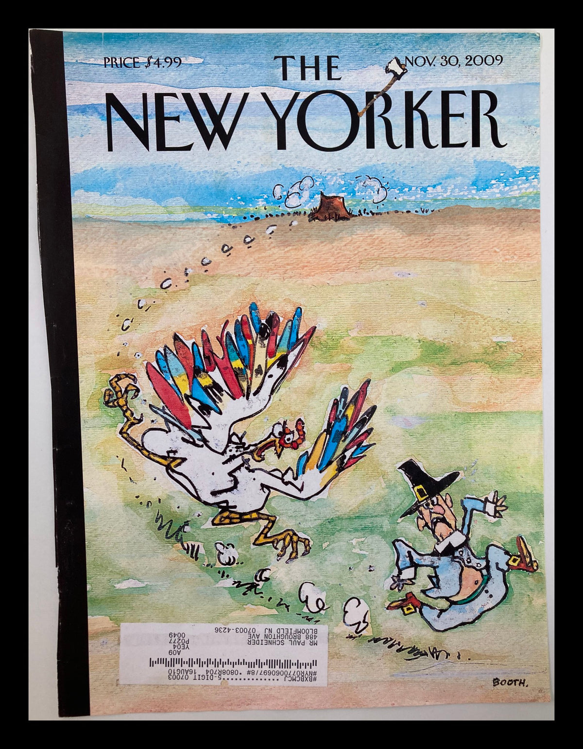 COVER ONLY The New Yorker November 30 2009 Thanksgiving Skedaddle by G. Booth featuring whimsical Thanksgiving-themed artwork of a turkey escape.