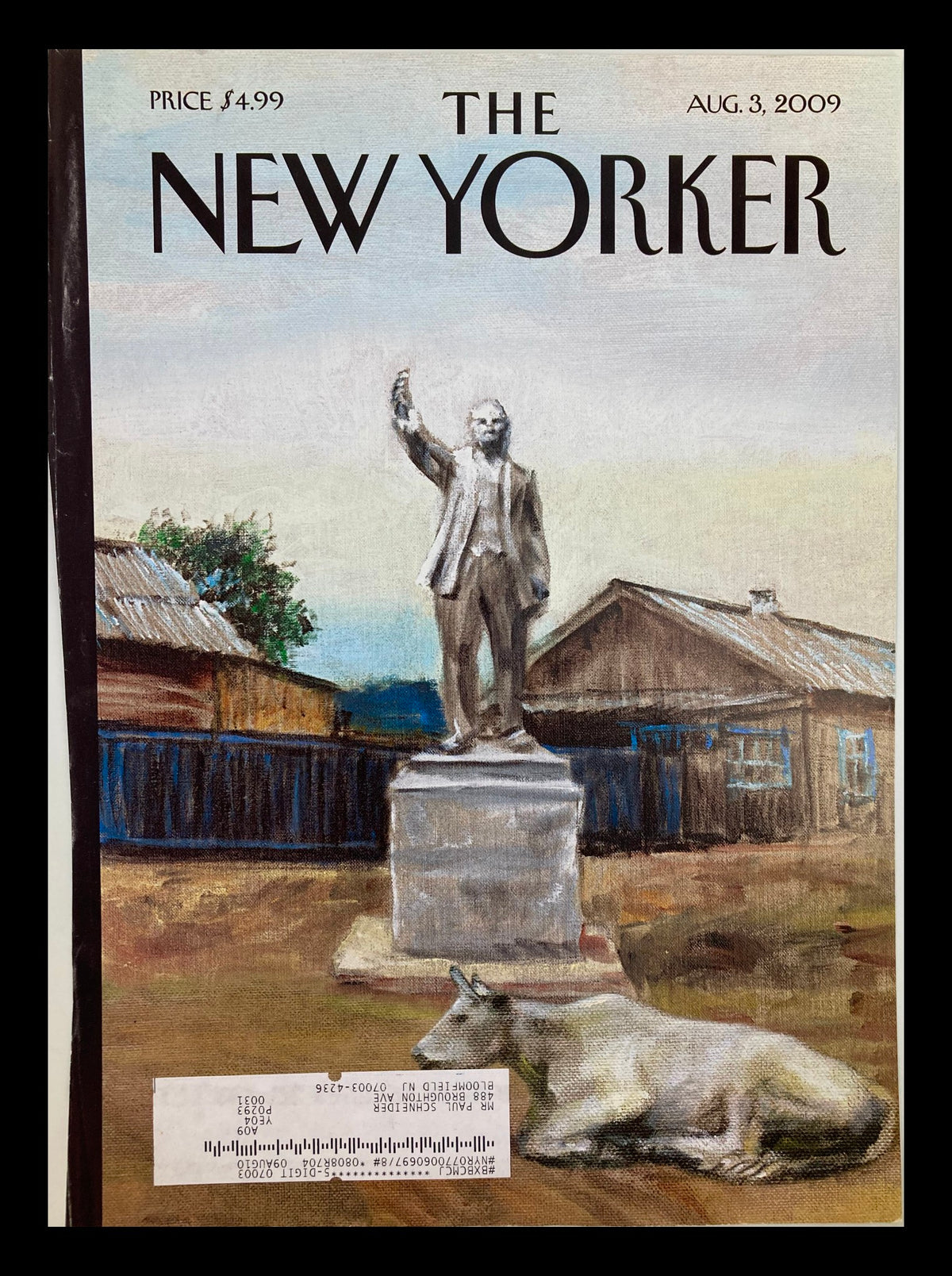 The New Yorker August 3 2009 cover featuring the artwork 'Siberia' by Alex Melamid, depicting a statue surrounded by rustic buildings and a lying cow.