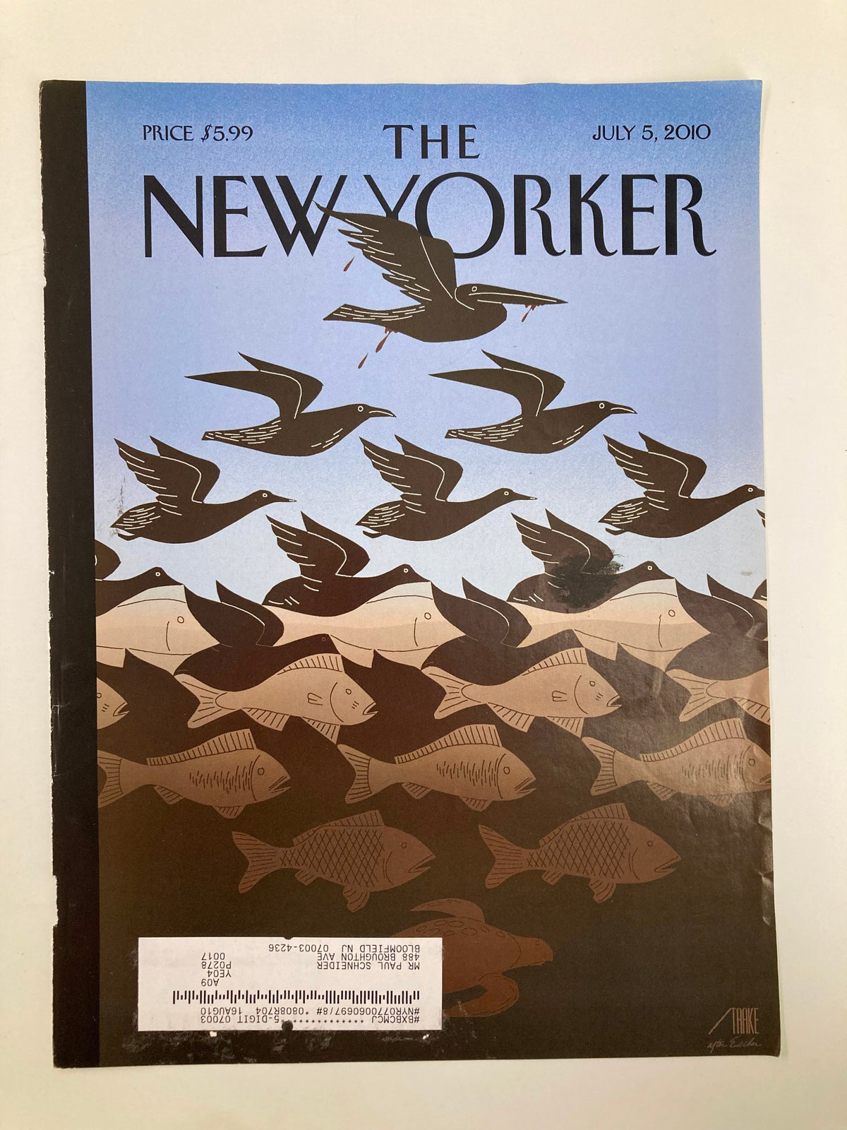 The New Yorker cover from July 5, 2010, illustrated by Bob Staake, showcasing 'Black Birds Oil Catastrophic' with flying birds and a pattern of fish, highlighting environmental themes.