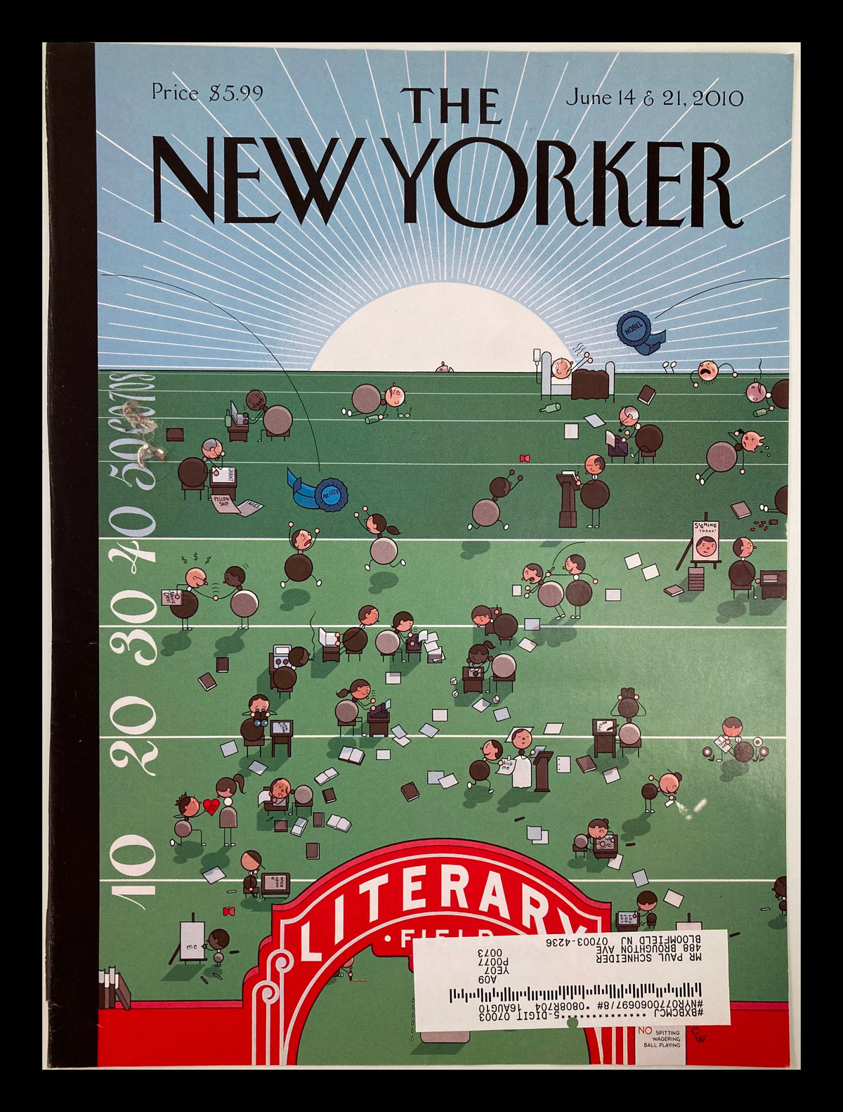 Cover of The New Yorker from June 14 & 21, 2010 featuring artistic illustration titled 'Finish Line' by Chris Ware, showcasing a vibrant scene of figures in a competitive setting.