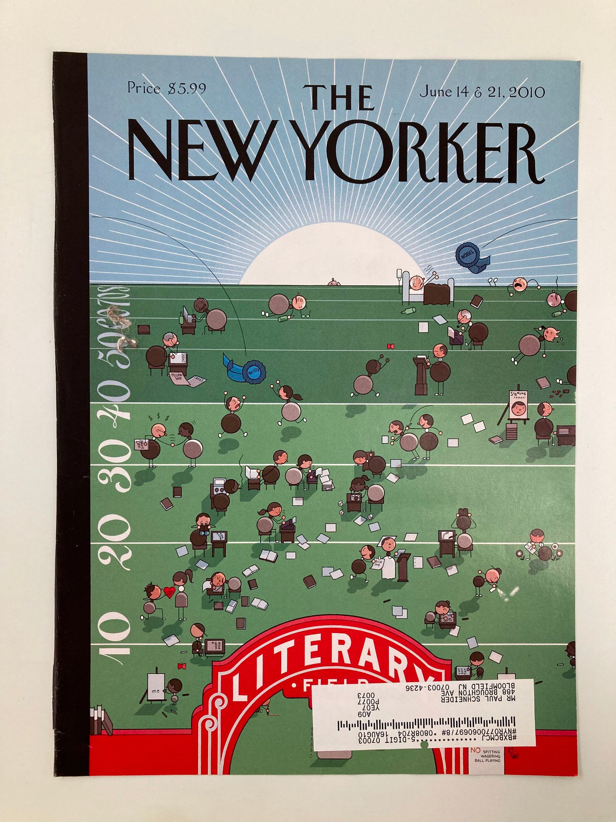 Cover of The New Yorker dated June 14 & 21, 2010, illustrated by Chris Ware, depicting a colorful and playful scene centered around the theme 'Finish Line' with various characters and activities.