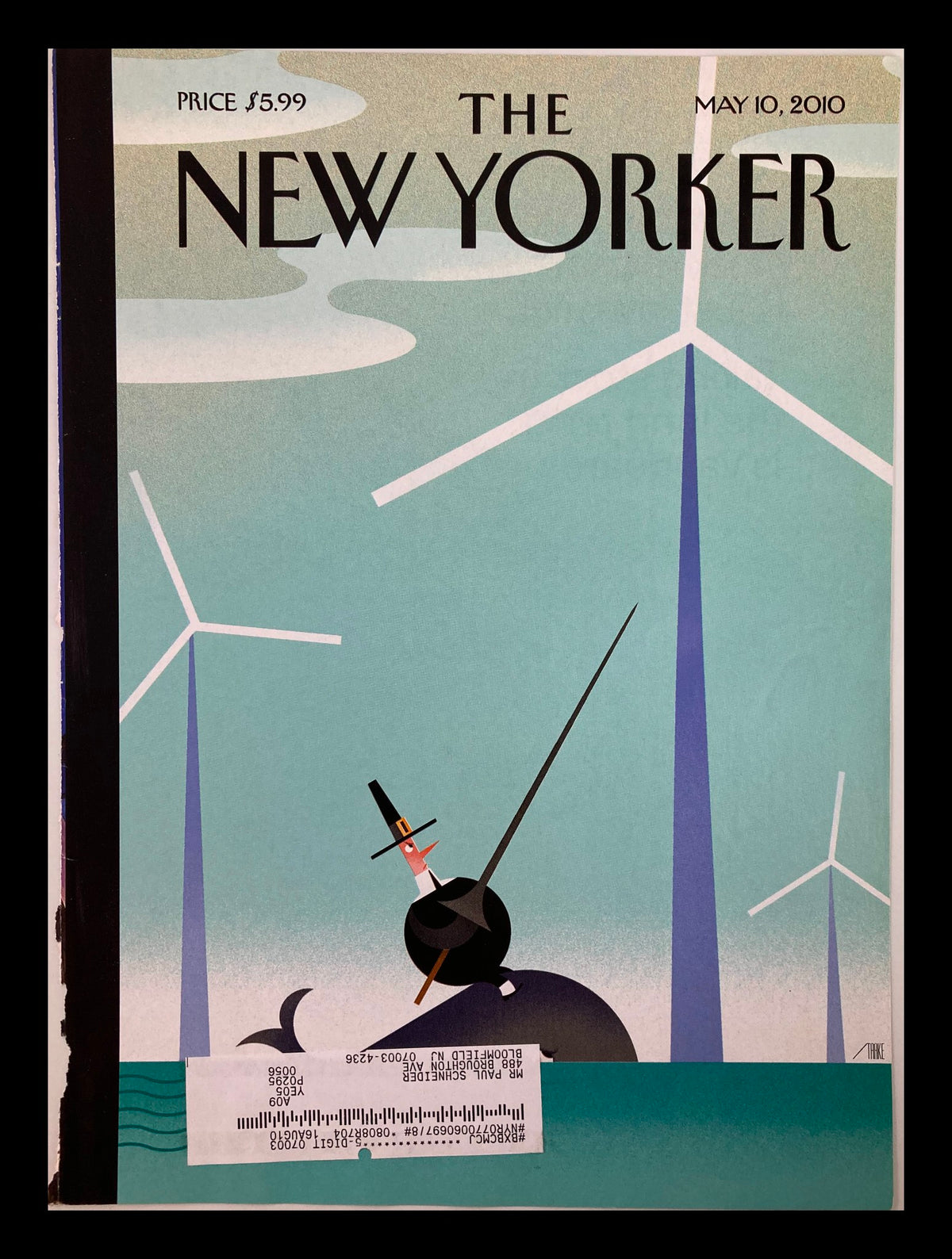 Cover Only The New Yorker May 10 2010 Theme Cover Tilt by Bob Staake featuring a whimsical illustration of a snowman on a wind farm, showcasing vibrant colors and imaginative design.