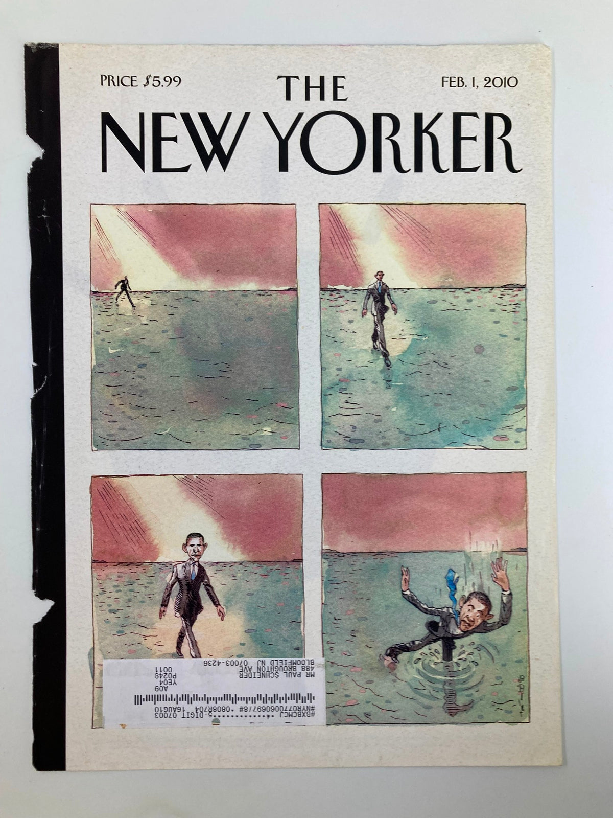 Cover of The New Yorker February 1 2010 First Anniversary by Barry Blitt showing four panels with swimmers, highlighting the magazine's artistic style.