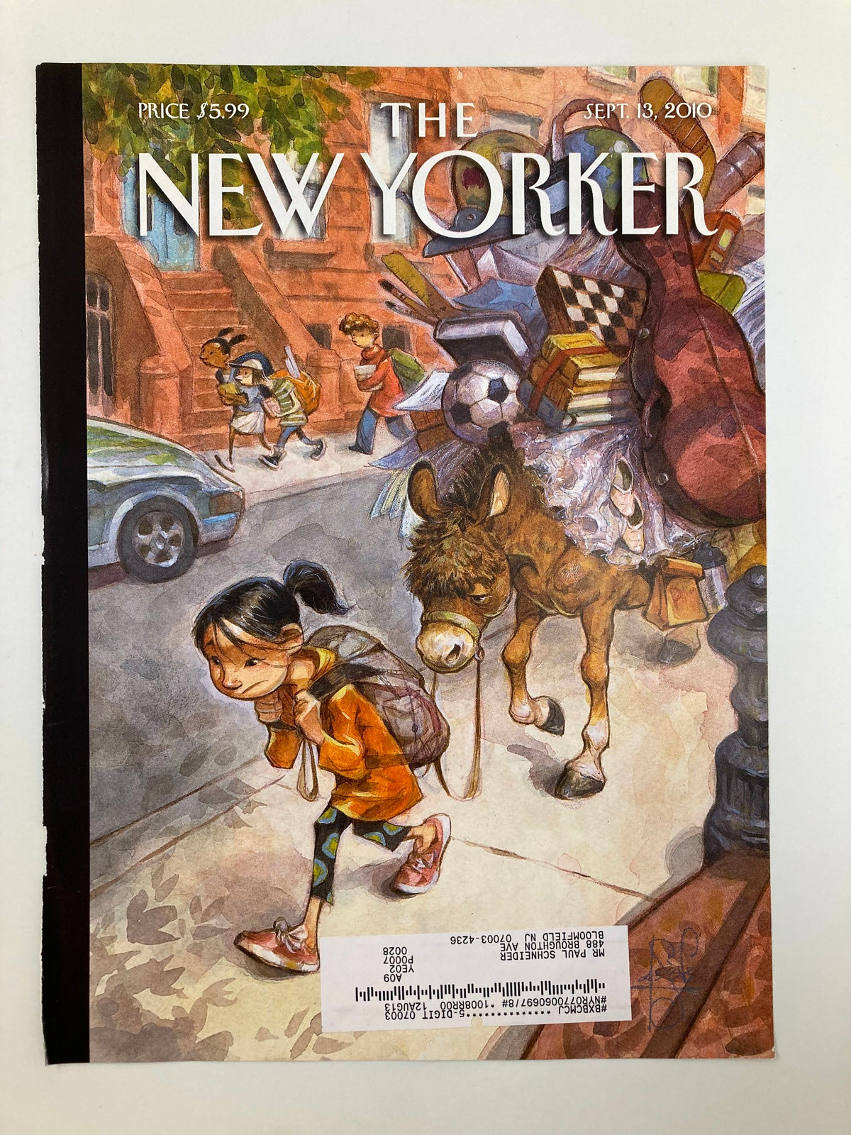 The New Yorker Cover September 13 2010 Beasts of Burden by Peter de Sève showcasing an engaging illustration of a girl and a donkey in a lively city setting, highlighting the artistic flair of the cover.