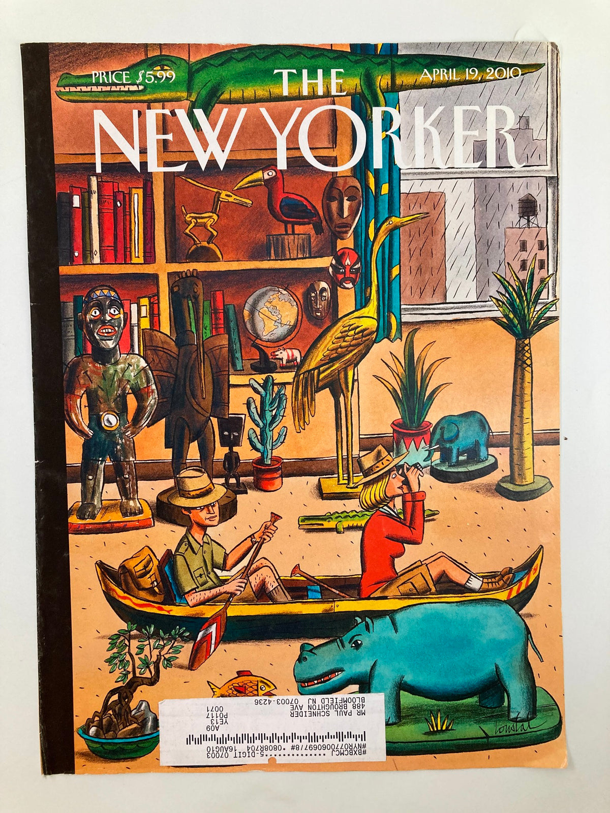 The New Yorker cover from April 19, 2010, titled 'The Collectors' by Jacques de Loustal, illustrating a colorful scene of characters, sculptures, and animals, perfect for art enthusiasts and collectors.