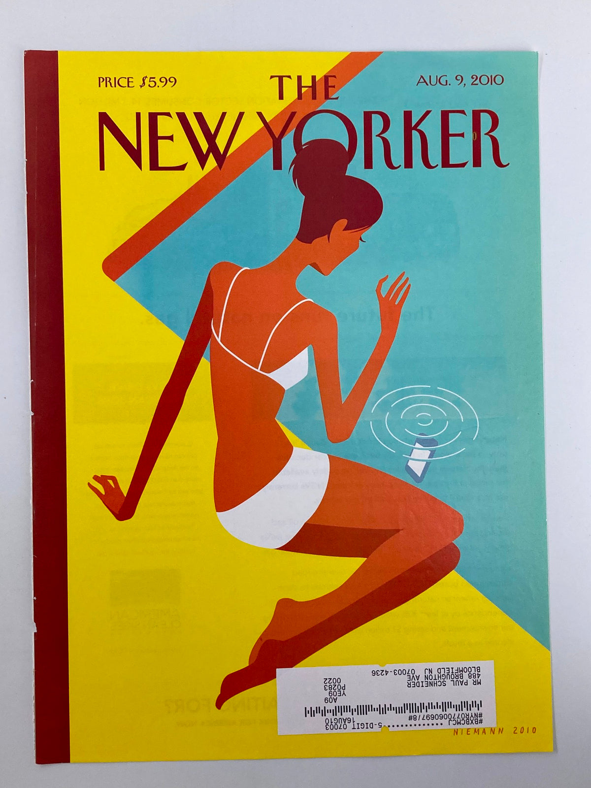 Cover of The New Yorker dated August 9, 2010, depicting the artwork 'Dropped Call' by Christoph Niemann, highlighting a figure in a swimsuit engaged with a mobile phone near water waves, presented in a bold and colorful design.