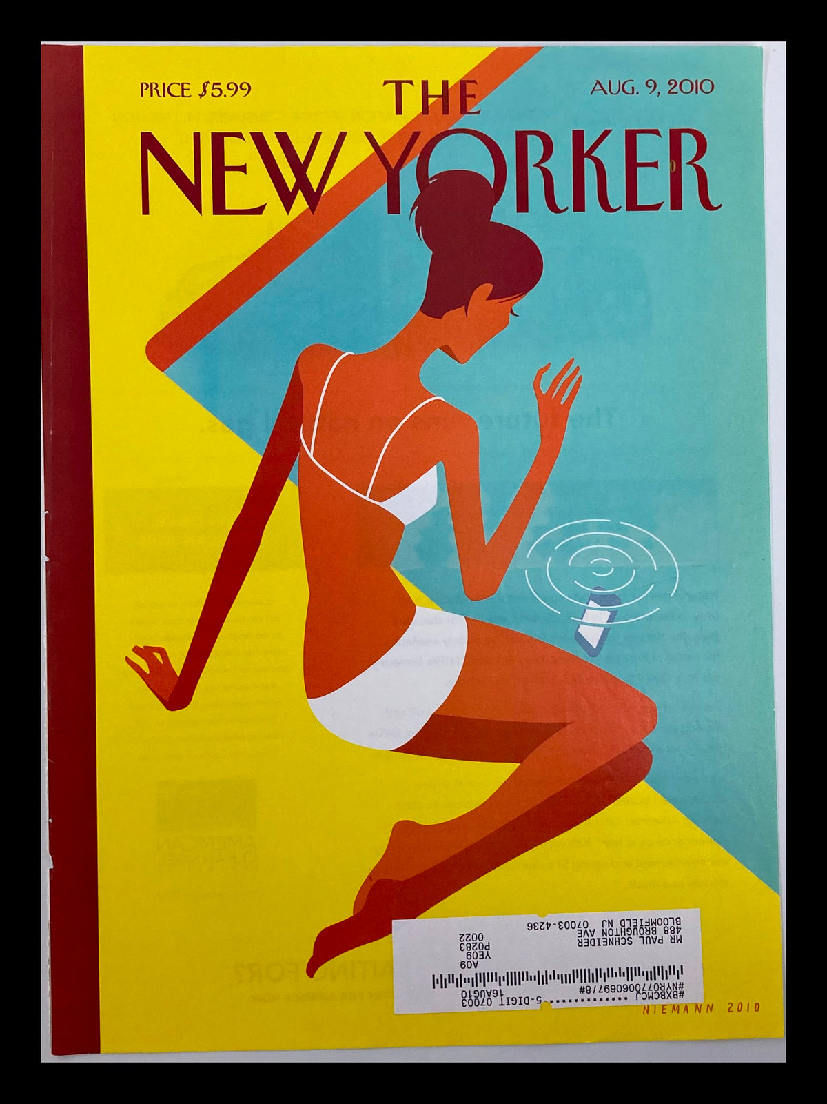Cover of The New Yorker dated August 9, 2010, featuring the illustration 'Dropped Call' by Christoph Niemann, showcasing a stylized woman in a bathing suit appearing to interact with a smartphone, set against a vibrant geometric background.