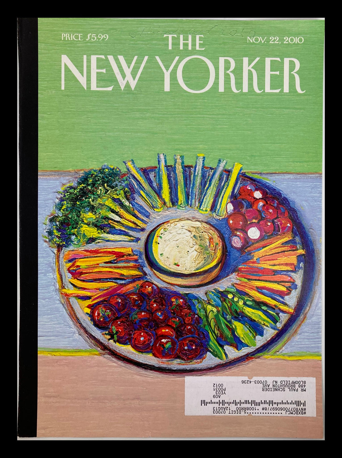 The New Yorker November 22, 2010 magazine cover titled 'Circle Dip' by Wayne Thiebaud, showcasing vibrant colors and an artistic arrangement of vegetables and fruits on a plate.
