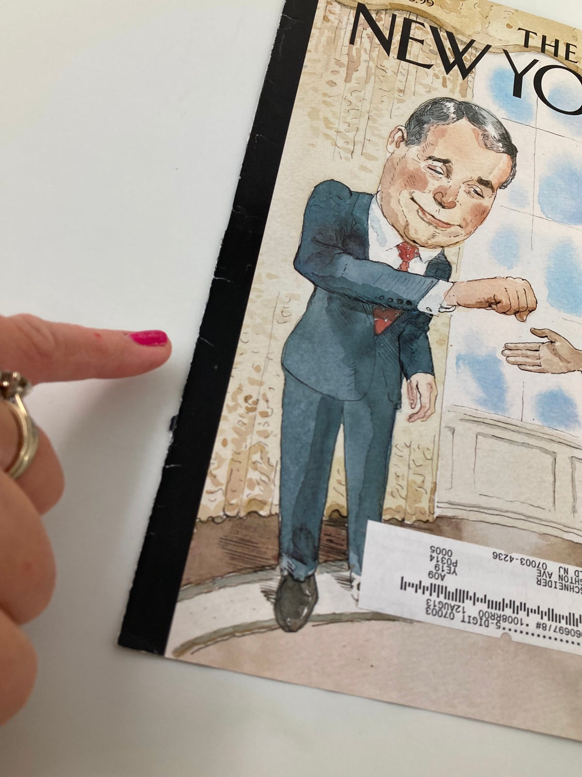 Close-up detail of the COVER ONLY The New Yorker November 15 2010, showcasing the illustration of John Boehner shaking hands with Barack Obama, highlighting the artwork by Barry Blitt.