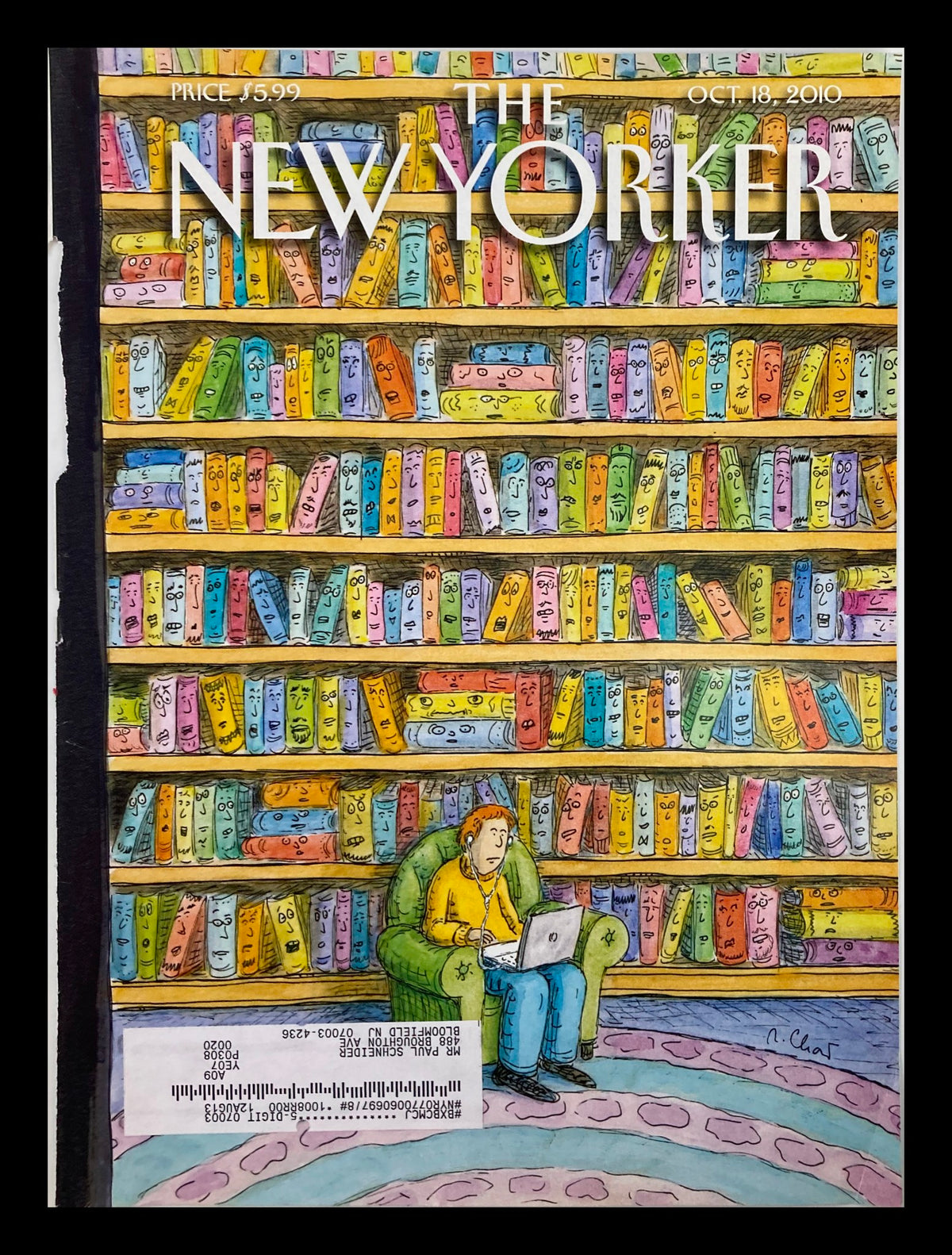 Cover of The New Yorker October 18 2010, illustrated by Roz Chast, featuring a man sitting on a green chair with a laptop, surrounded by colorful books on shelves.