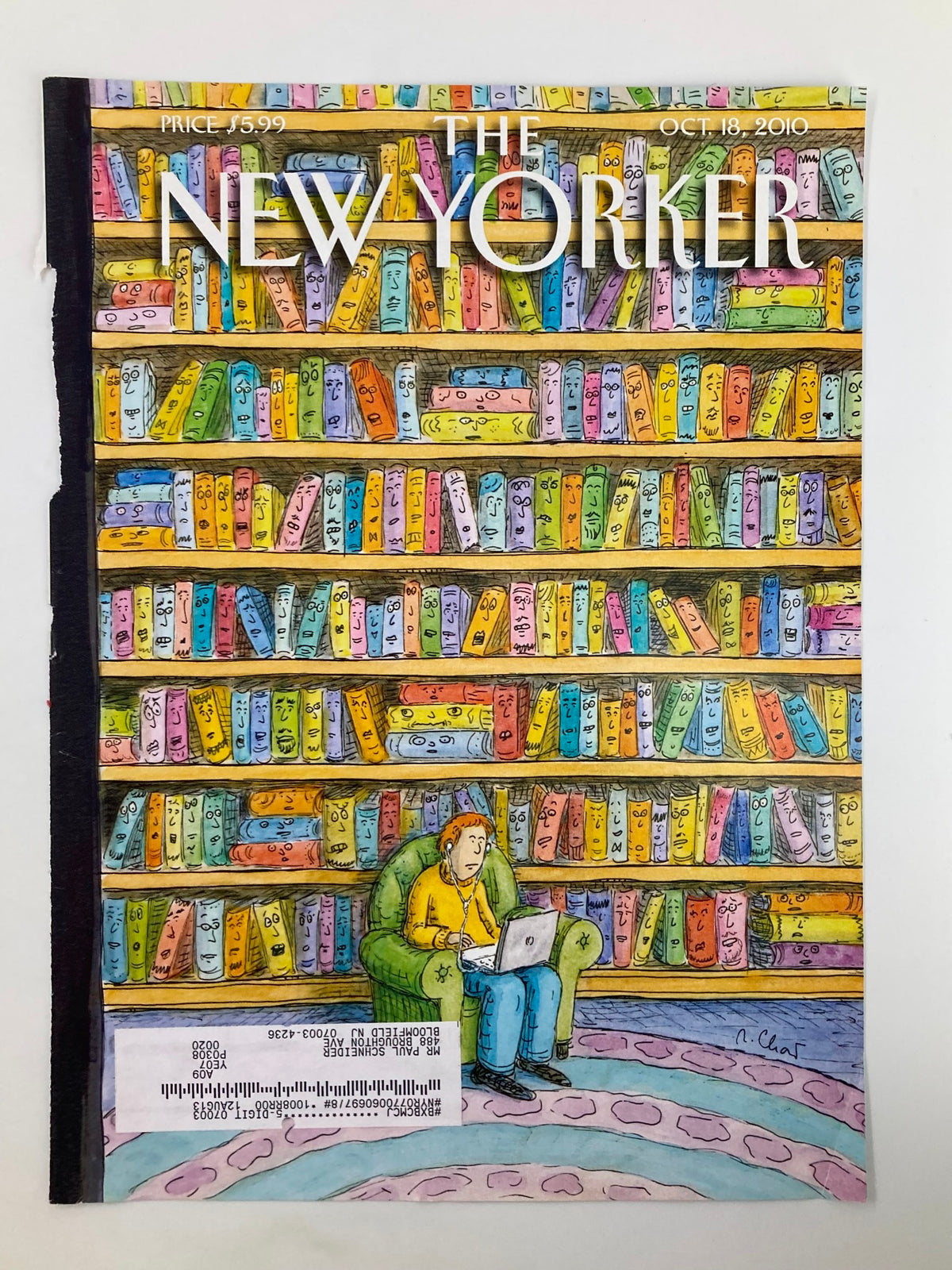Front cover of The New Yorker October 18 2010, art by Roz Chast, depicting a cozy scene with a person on a laptop in front of colorful, stacked book shelves.