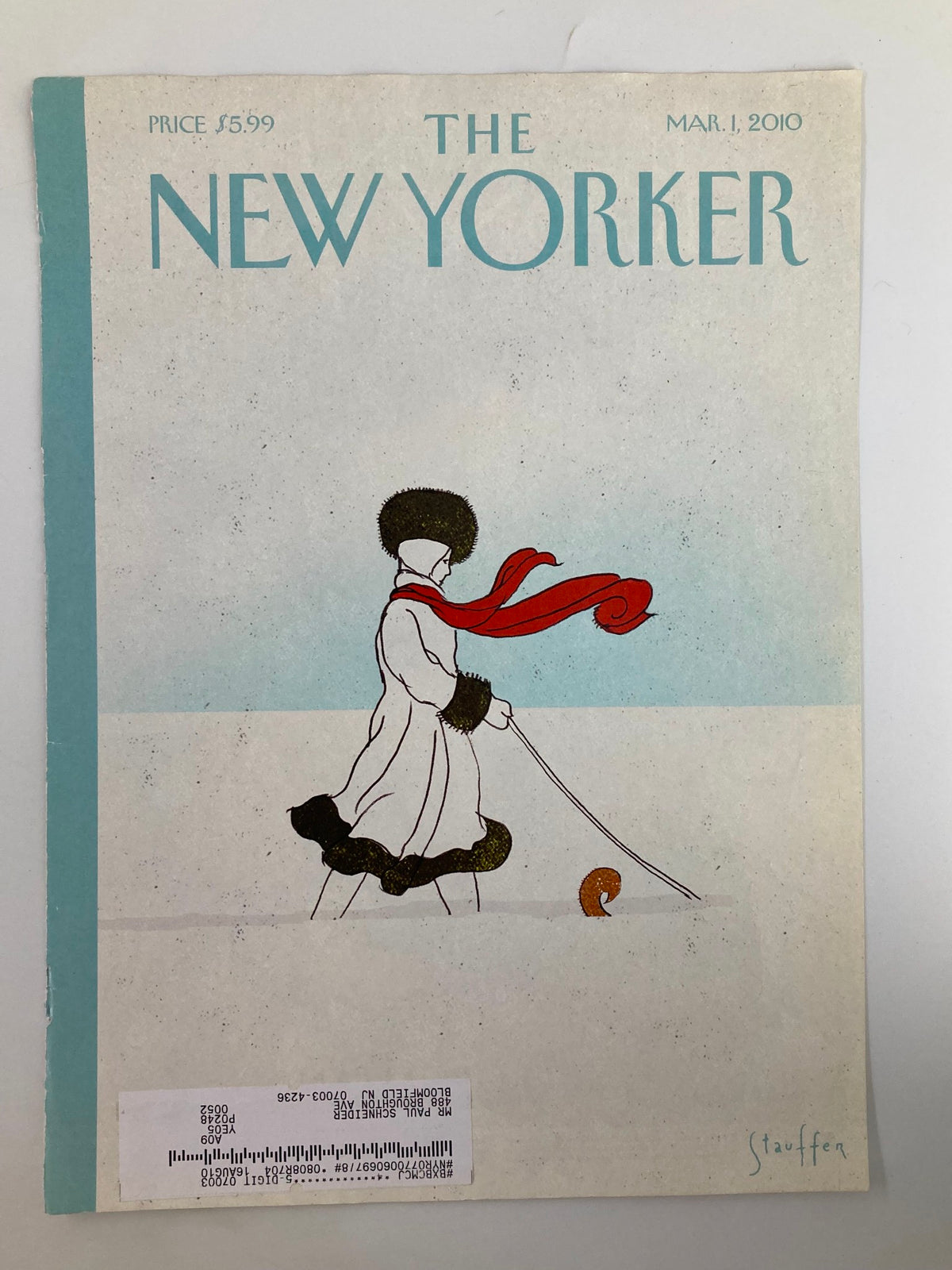 COVER ONLY The New Yorker March 1 2010 with dog walking in snow by Brian Stauffer. The magazine cover displays distinctive illustrations with unique winter themes.