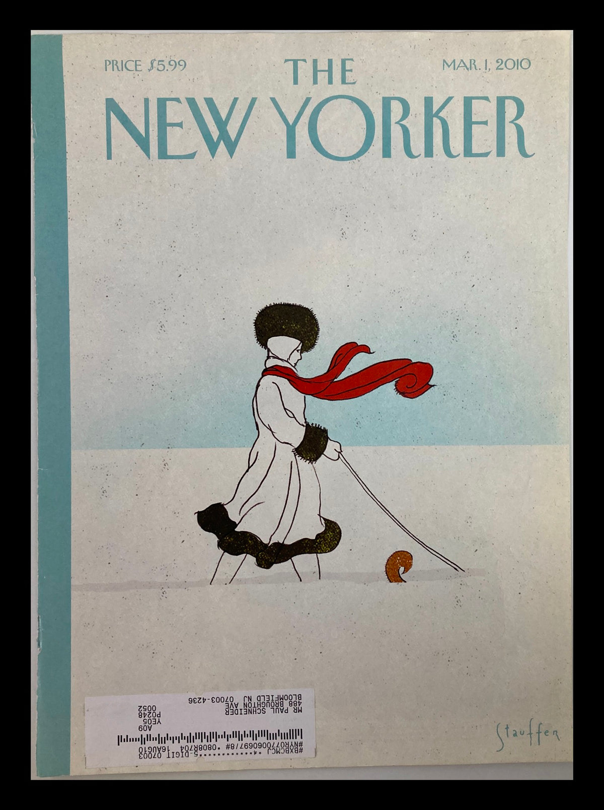 COVER ONLY The New Yorker March 1 2010 featuring a dog walking in the snow, illustrated by Brian Stauffer. The cover shows a figure in winter attire walking a dog amidst a snowy landscape.