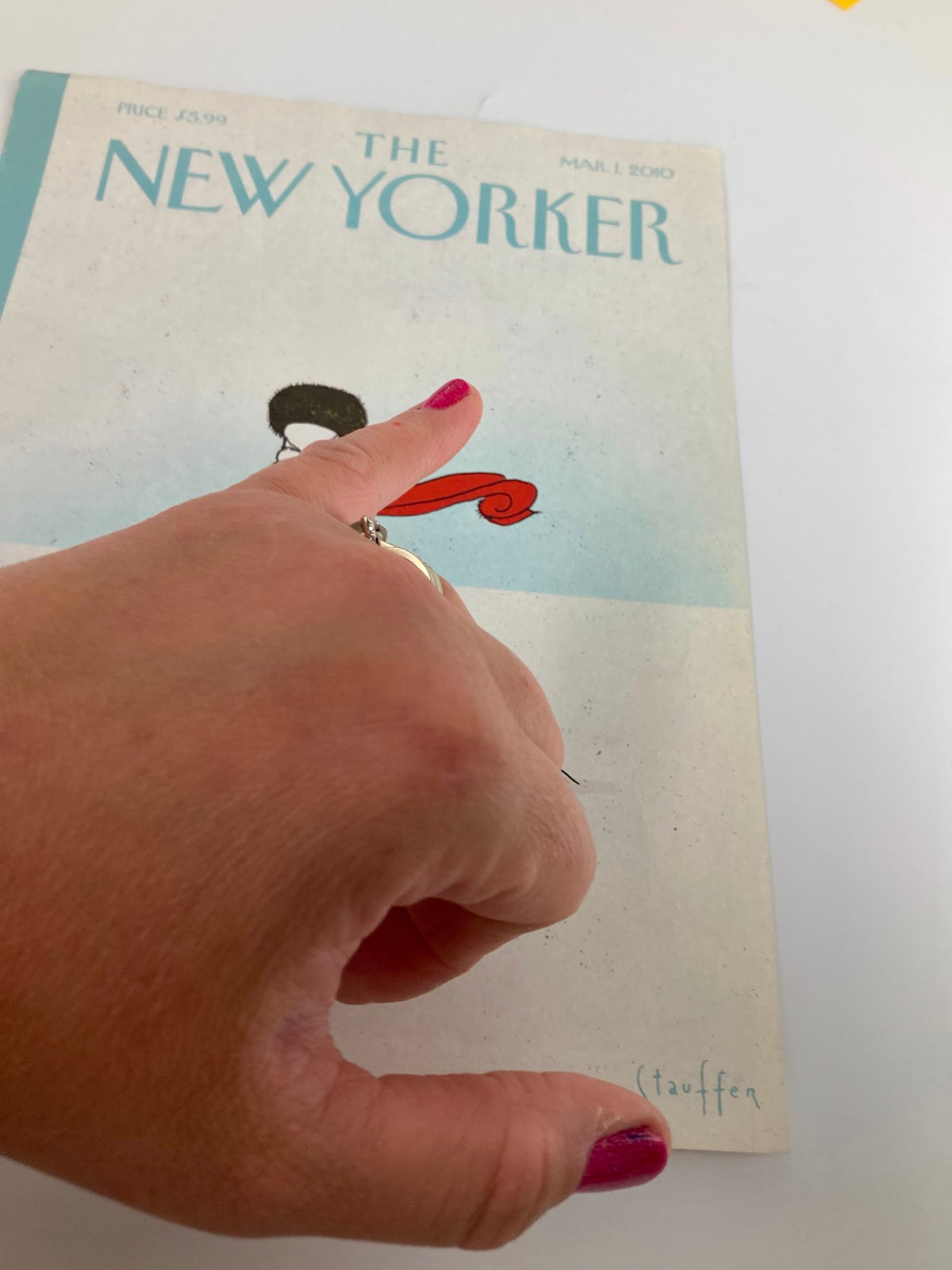 COVER ONLY The New Yorker March 1 2010 depicting a dog walking in the snow, illustrated by Brian Stauffer. The image includes a hand indicating the cover details.