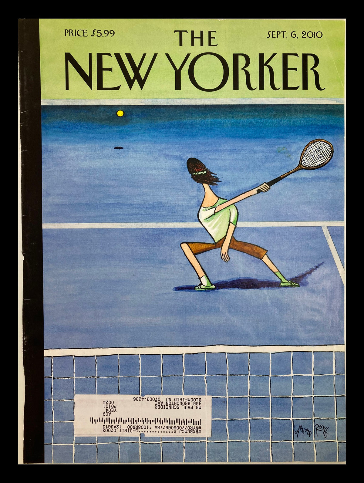 The New Yorker September 6, 2010 cover titled 'Oops' by Arnold Roth, featuring a whimsical illustration of a woman playing tennis with a bright blue court background.
