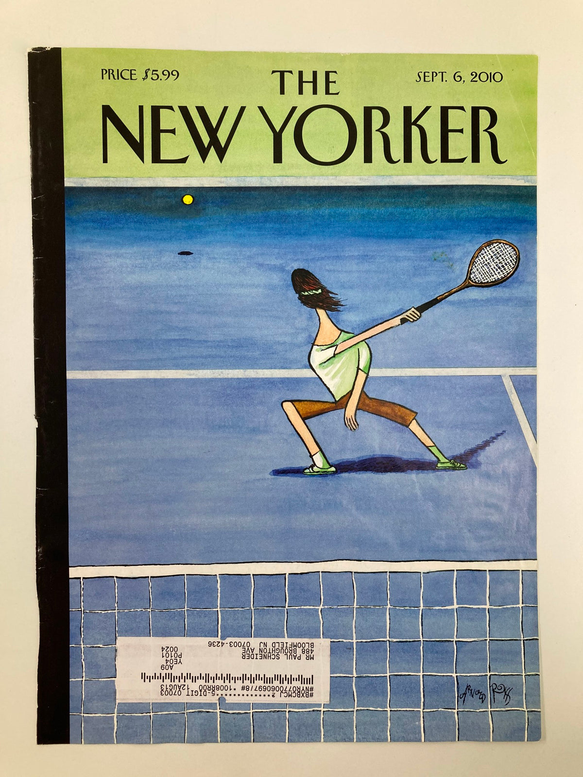 The New Yorker September 6, 2010 cover titled 'Oops' by Arnold Roth, depicting a humorous scene of a woman in a tennis outfit, poised to hit a ball on a vivid blue court.