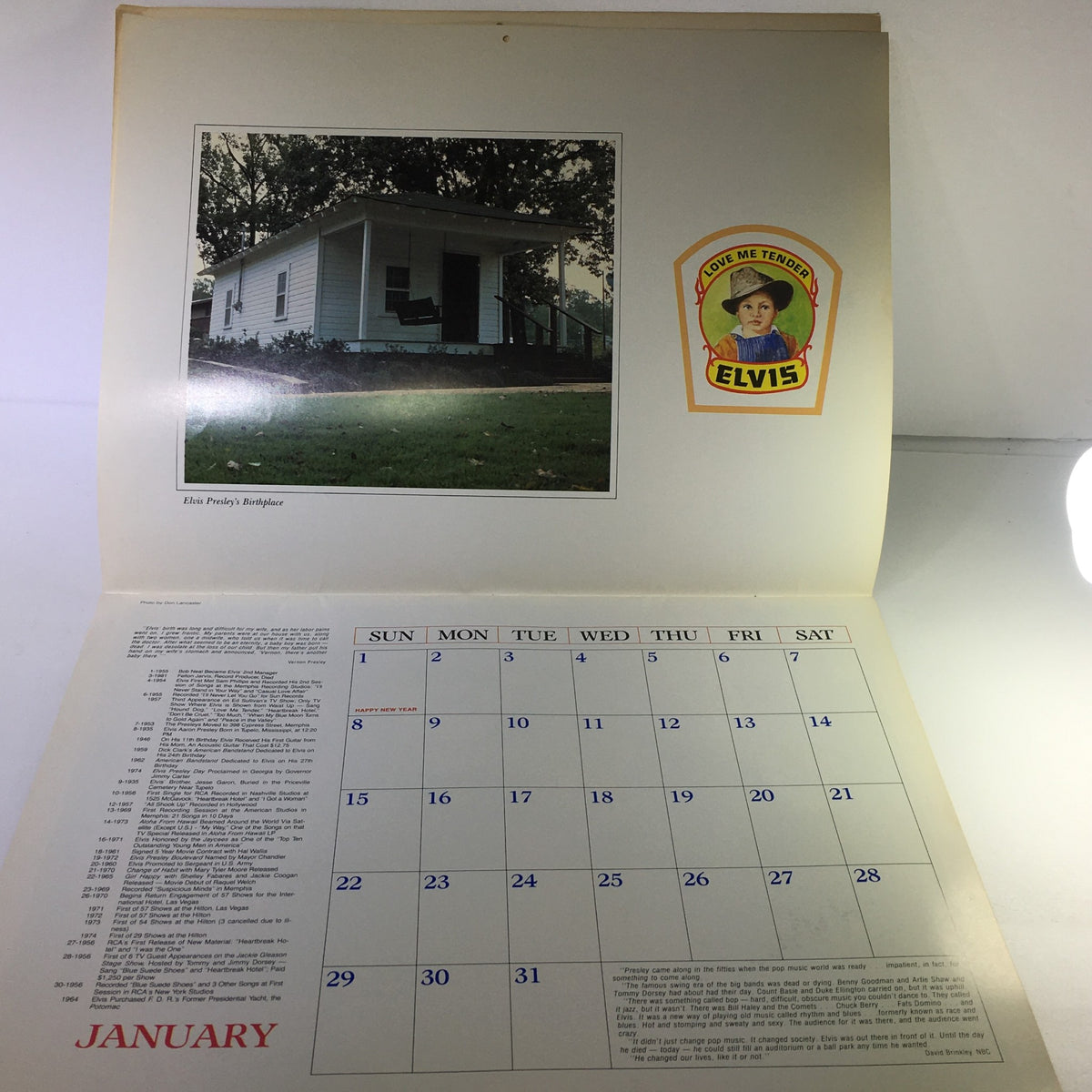 January page of the VTG 1984 Elvis Presley's Love Me Tender & Birthplace Graceland Photo Calendar featuring Elvis Presley's birthplace and a calendar layout.