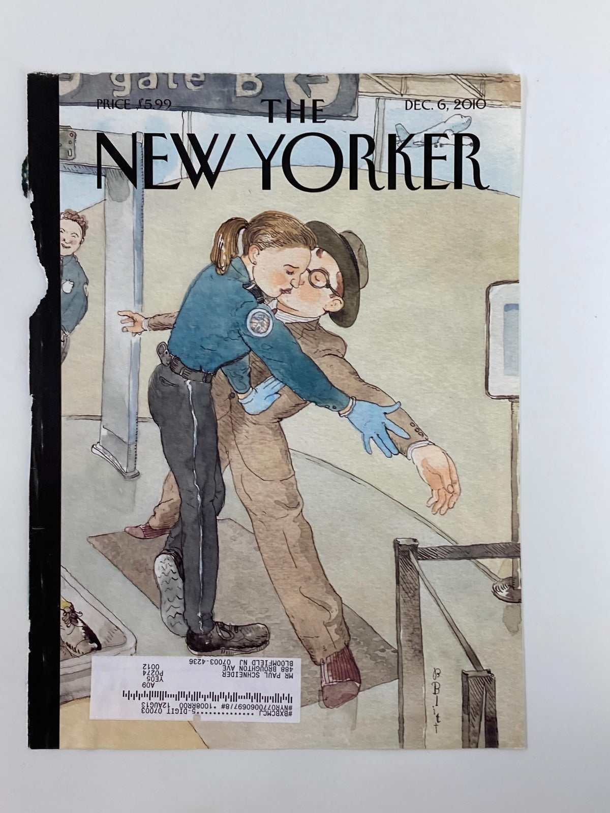 The New Yorker December 6 2010 cover artwork by Barry Blitt, showcasing a playful interaction between a police officer and a character, emphasizing warmth and affection.