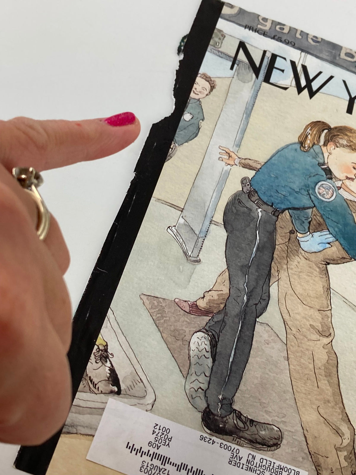 Close-up of The New Yorker December 6 2010 cover by Barry Blitt, highlighting the details of the illustration featuring a police officer and a character sharing an embrace.