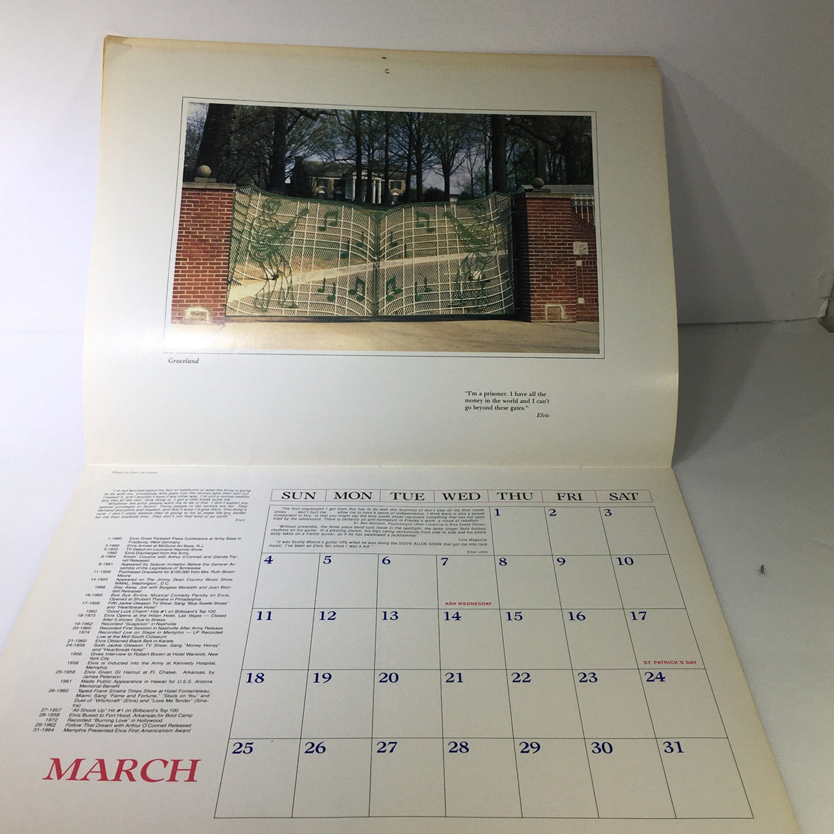 1984 Elvis Presley's Love Me Tender & Birthplace Graceland Photo Calendar, showcasing a stunning image of Graceland's entrance along with a March calendar layout.