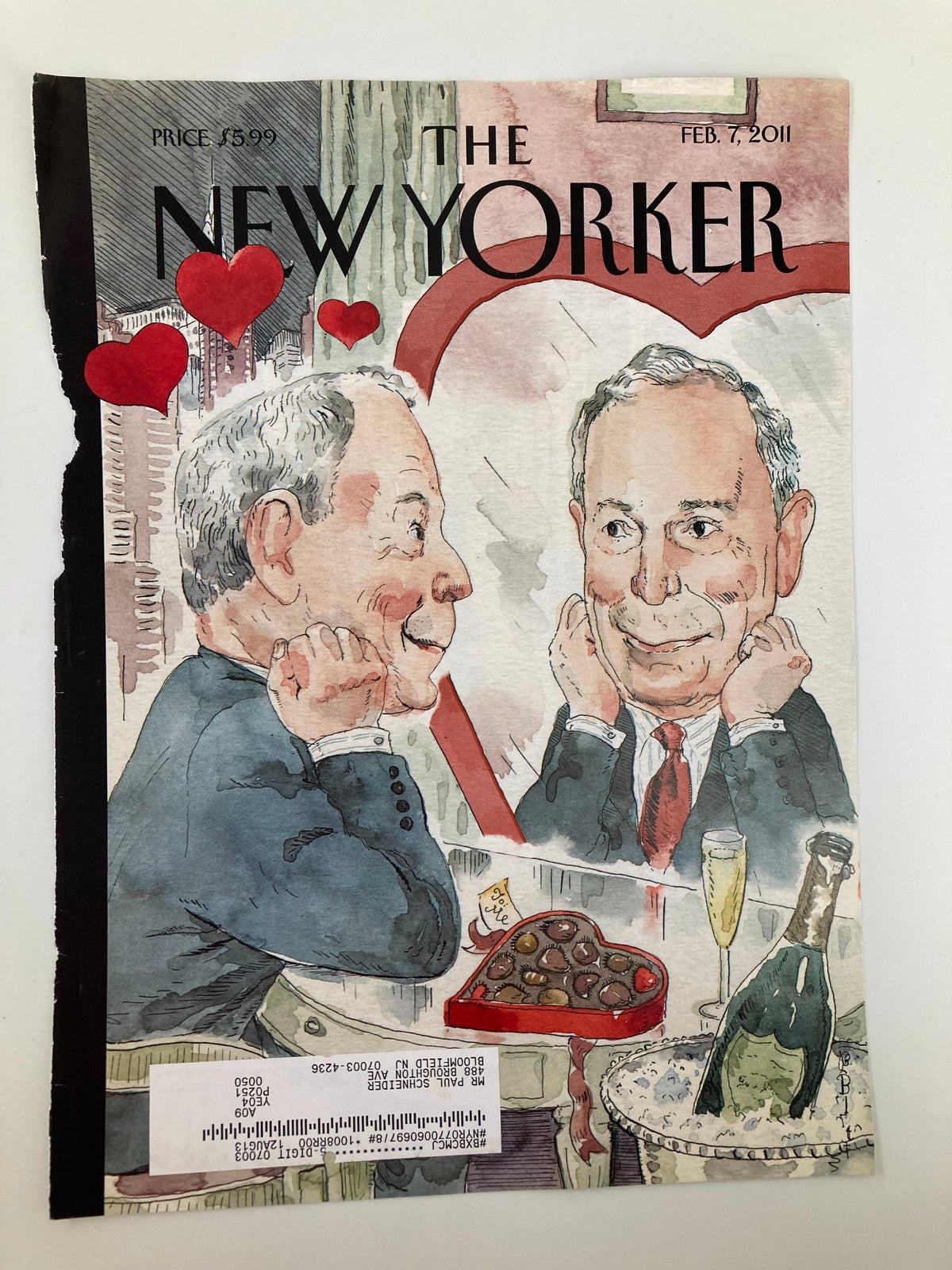 The New Yorker magazine cover from February 7 2011 with the artwork 'Bloom in Love' by Barry Blitt, illustrating two men surrounded by hearts, enjoying a moment of love.