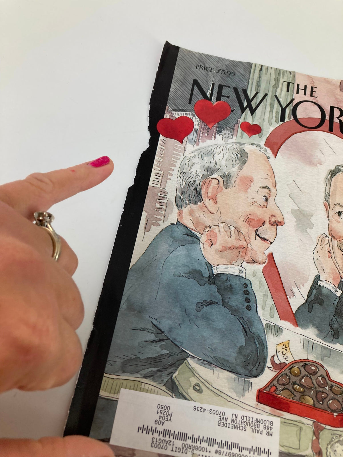Detail of The New Yorker cover February 7 2011, 'Bloom in Love' by Barry Blitt, showing one man's hand pointing at the vintage magazine cover featuring two men in a romantic setting.