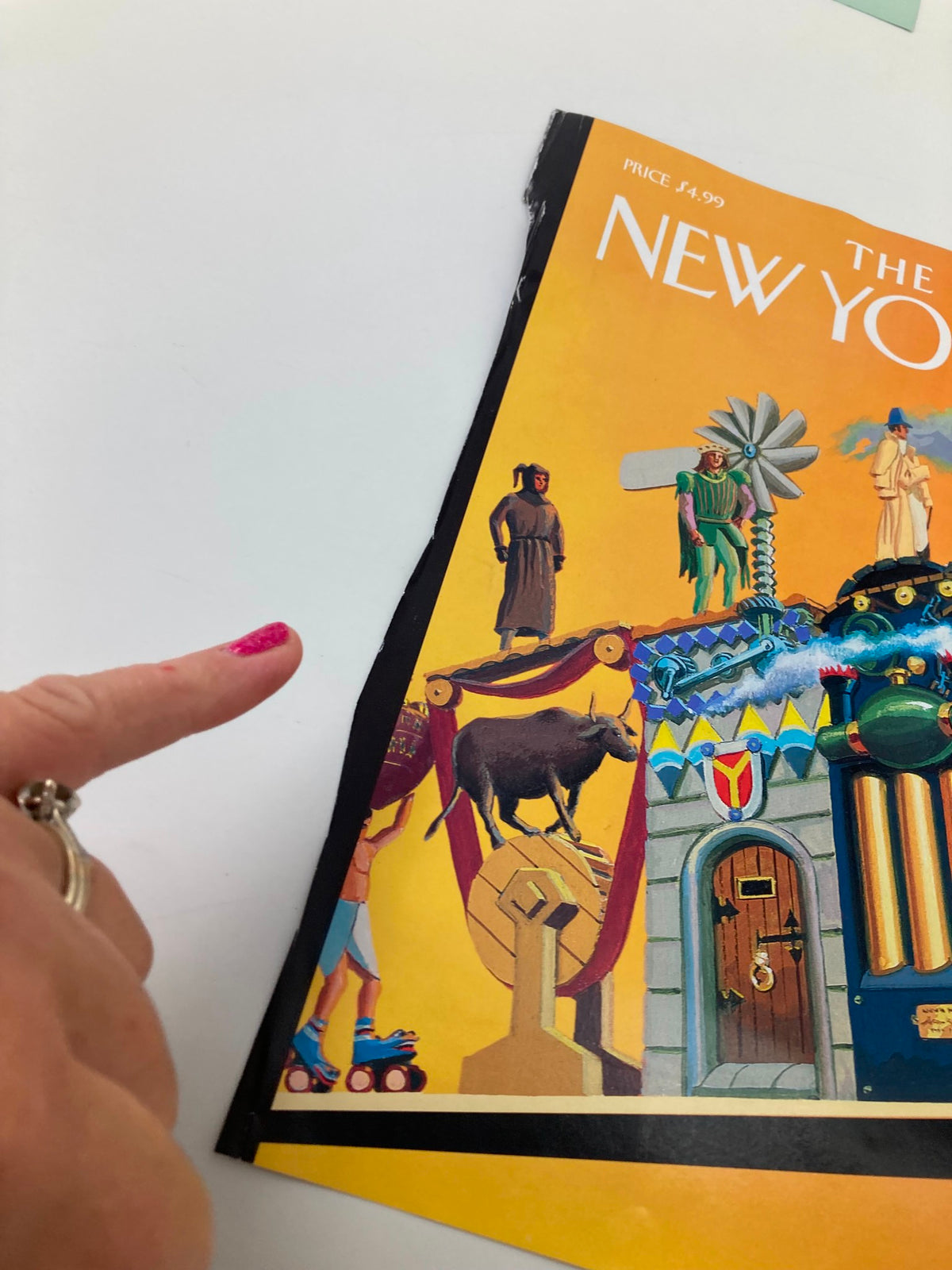 Image of The New Yorker cover from May 14, 2007, titled 'The Ascent of Man' by Richard Brans, highlighting a close-up of the artwork featuring a character pointing at an artistic representation.