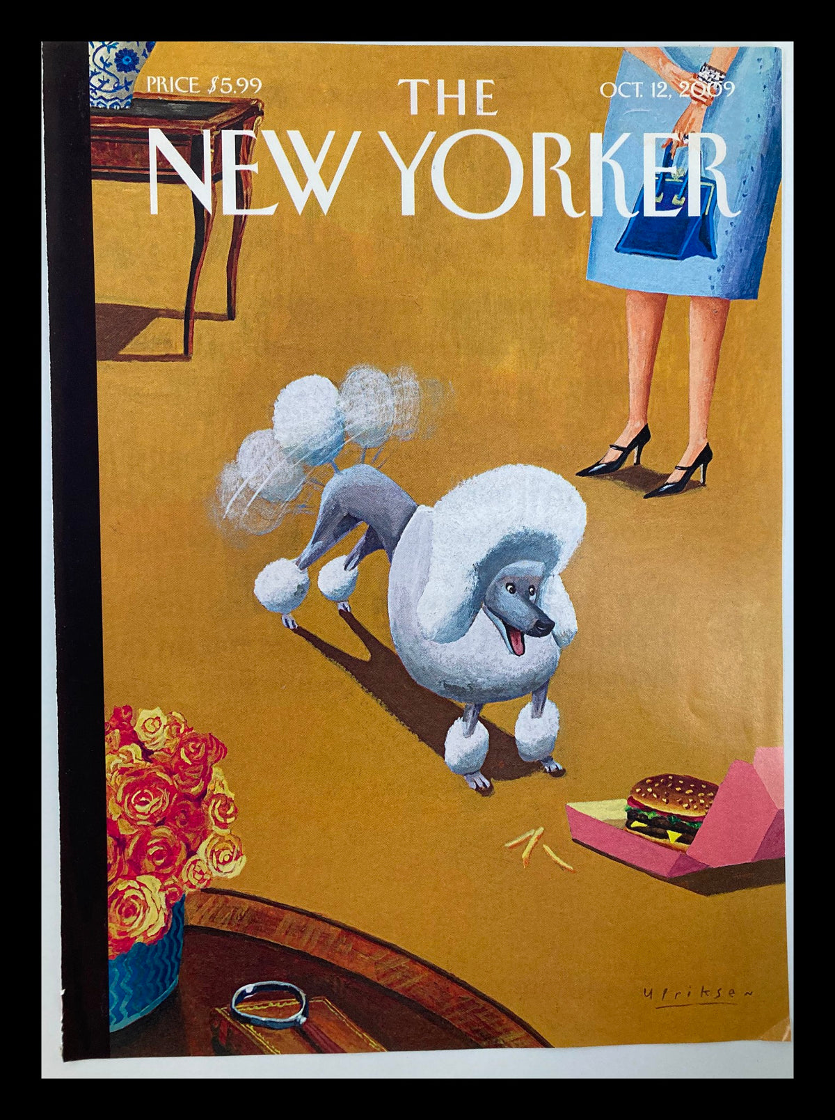 Cover image of The New Yorker magazine from October 12, 2009, featuring a playful poodle by Mark Ulriksen, set in a cozy room with a table and flowers, showcasing an illustration style.