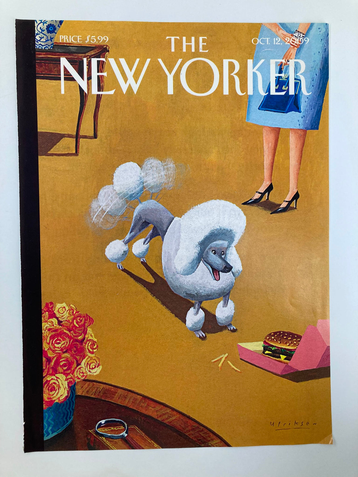 COVER ONLY The New Yorker October 12 2009 featuring a playful Poodle by Mark Ulriksen, showcasing a dog playfully near a hamburger and surrounded by flowers.