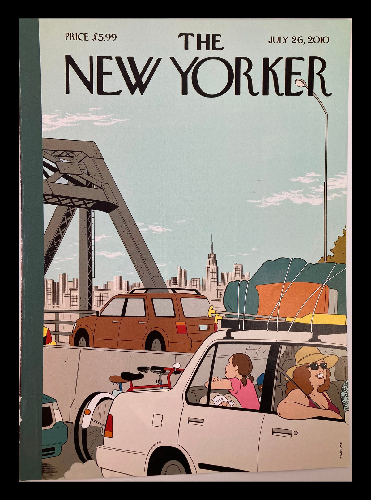 Cover of The New Yorker July 26, 2010, Summer Getaway by Adrian Tomine, depicting a summer traffic scene with cars and people enjoying a getaway.