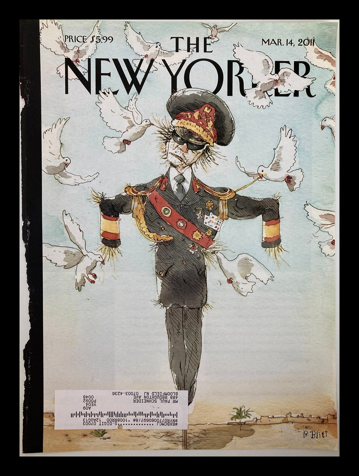 Cover of The New Yorker dated March 14, 2011, titled 'Hope is The Thing with Feathers' illustrated by Barry Blitt, featuring a military figure surrounded by flying doves.