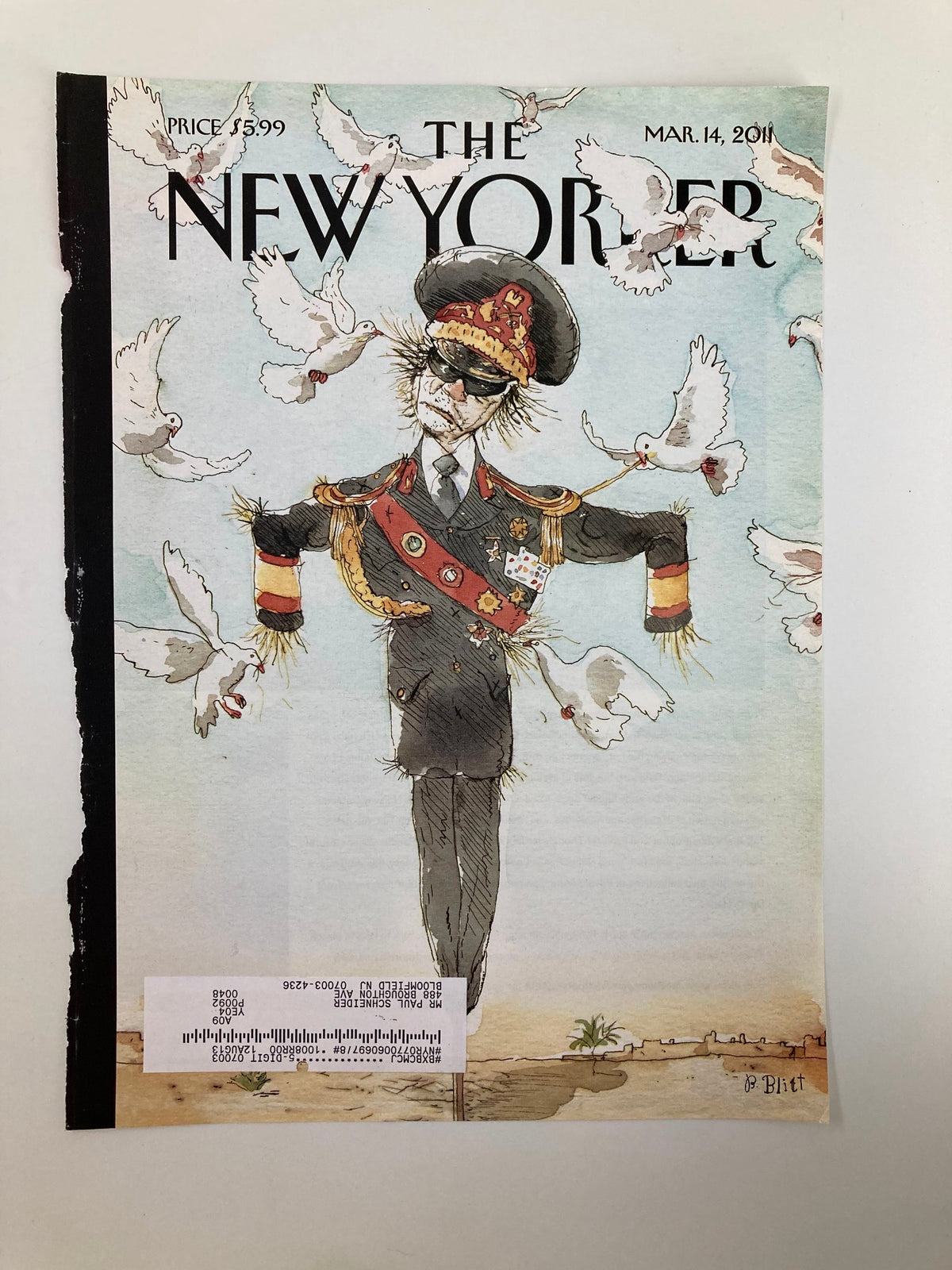 The New Yorker cover from March 14, 2011, titled 'Hope is The Thing with Feathers' by Barry Blitt, showcasing a whimsical military character and doves.