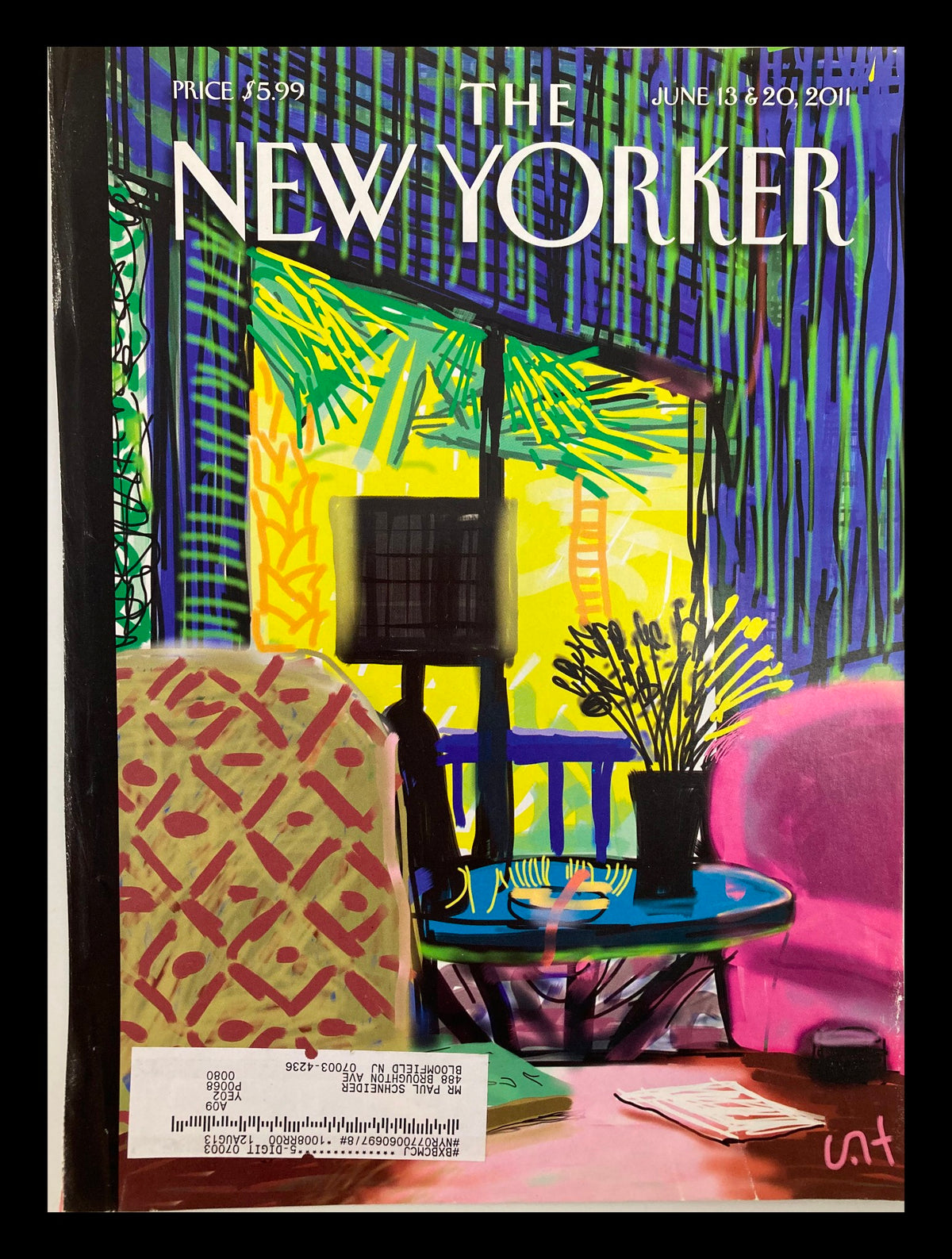 Cover of The New Yorker magazine from June 13 & 20, 2011, featuring an interior design illustration by David Hockney, showcasing vibrant colors and abstract shapes.
