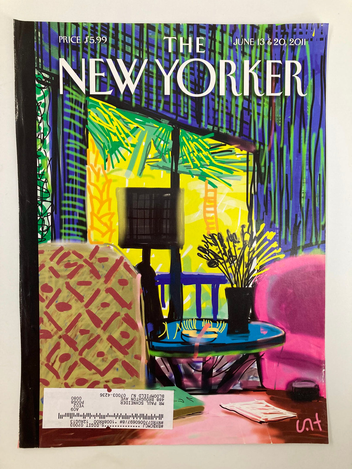 Cover of The New Yorker magazine from June 13 & 20, 2011, featuring an interior design illustration by David Hockney, highlighting a colorful and artistic living space.