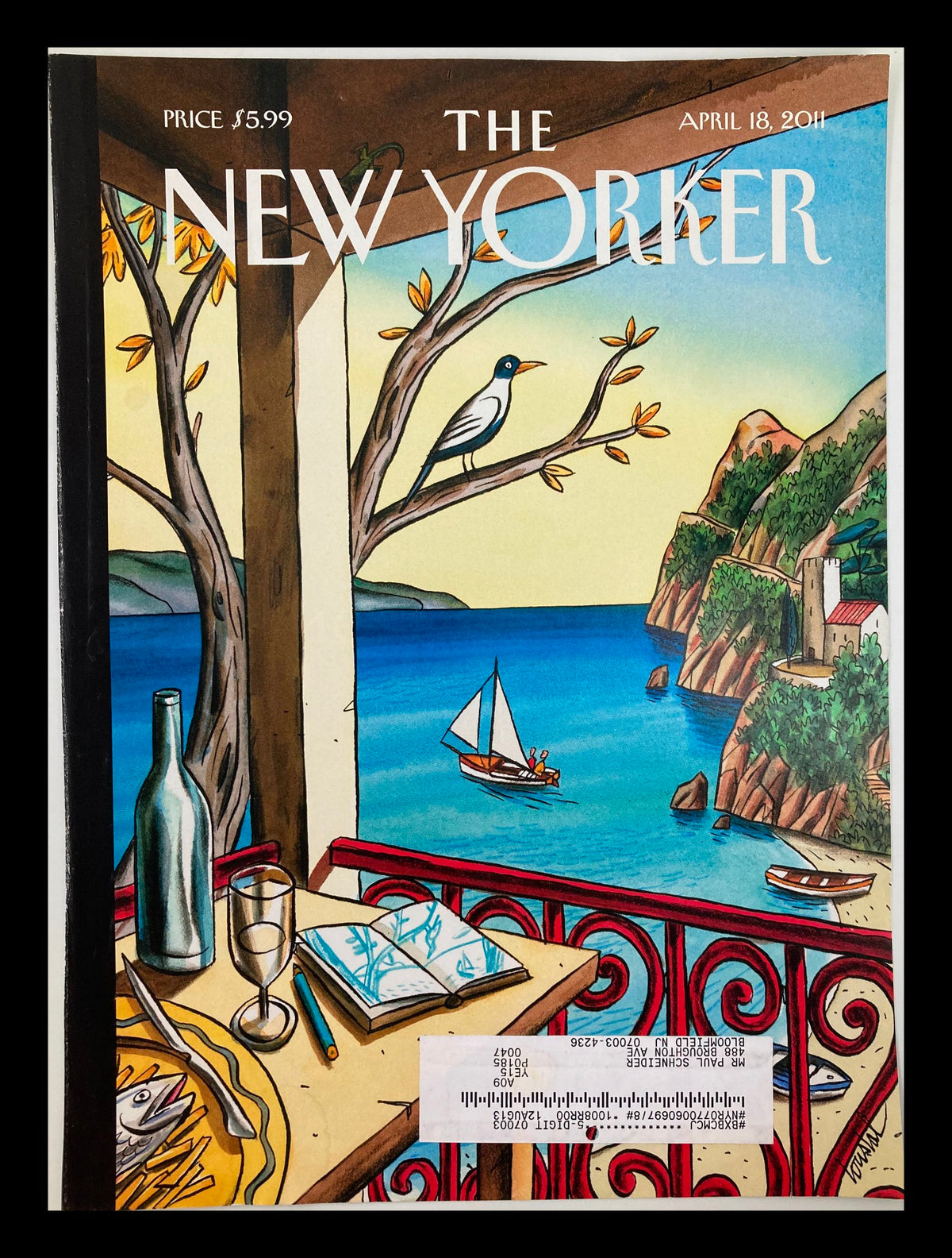 Cover of The New Yorker April 18 2011 featuring artwork 'Cruise Solitude' by Jacques de Loustal, showcasing a coastal scene with a bottle and book on a balcony.