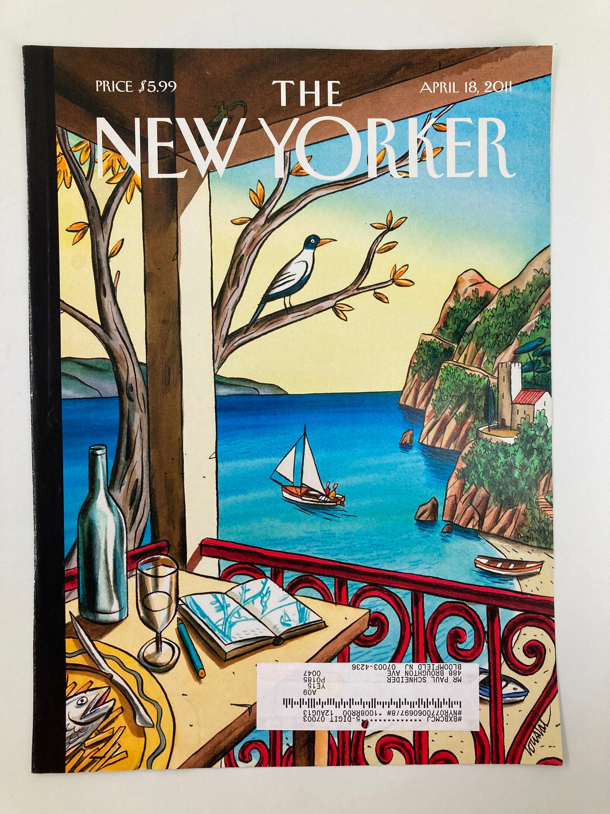 Cover of The New Yorker April 18 2011 featuring artwork 'Cruise Solitude' by Jacques de Loustal, illustrating a serene coastal landscape with a bird, boat, and balcony view.