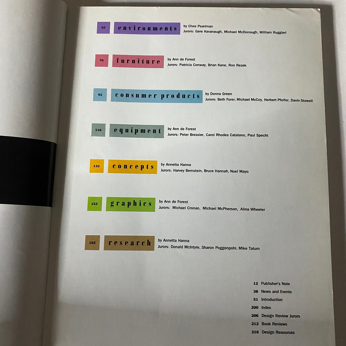 Table of contents from VTG I.D. Magazine July - August 1988 Annual Design Review showcasing various design categories including environments, furniture, consumer products, and graphics.