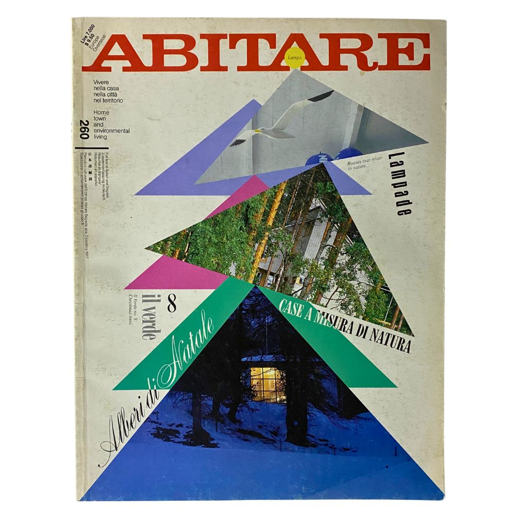 Vintage Abitare Italian Magazine, December 1987, No. 260, featuring a unique geometric cover design and the theme 'Alberi di Natale', showcasing festive Italian design and culture.