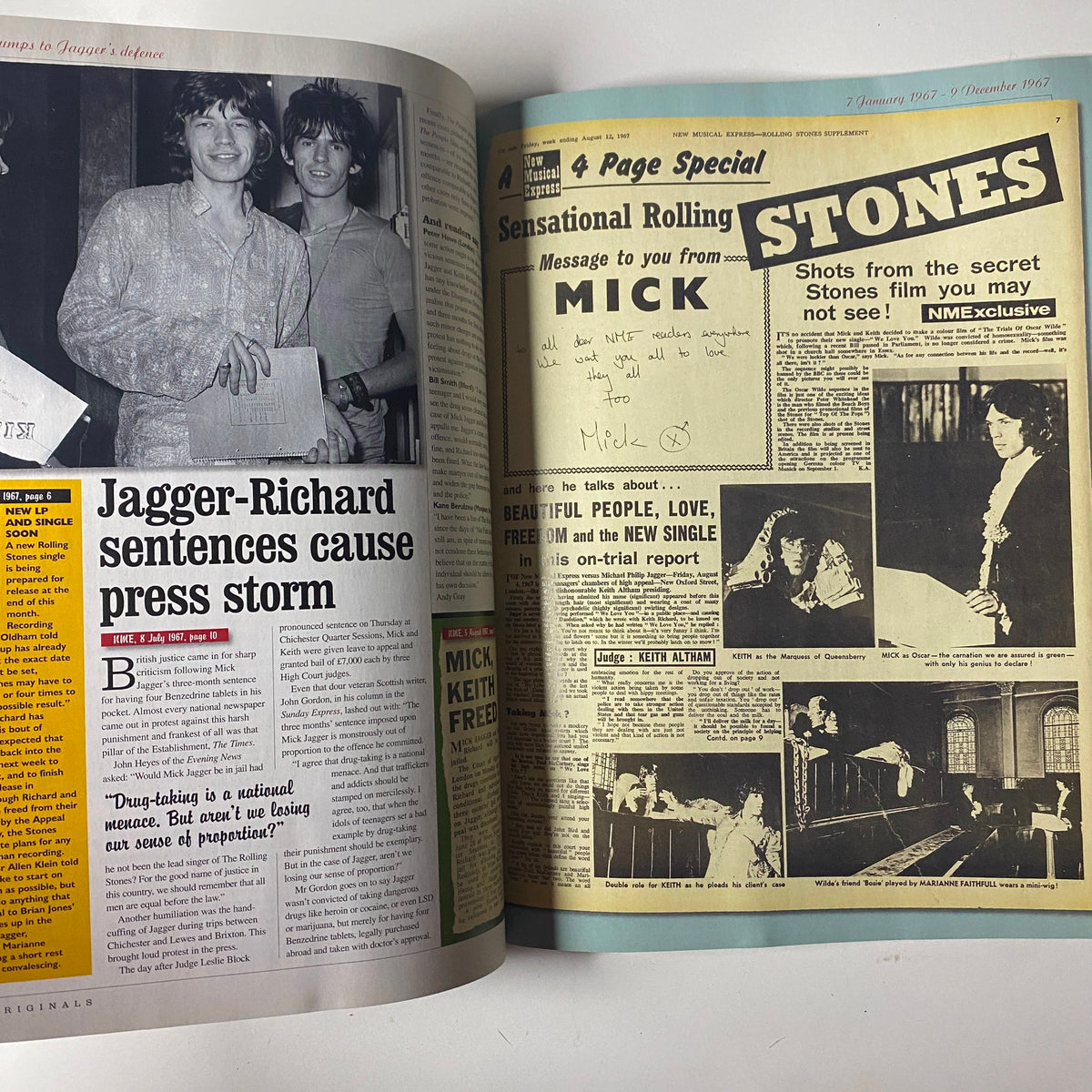 Inside NME Originals Magazine Vol 1 Issue 9, an article about The Rolling Stones detailing the Jagger-Richard sentences that caused a press storm, capturing the dynamic essence of the 1960s music scene.