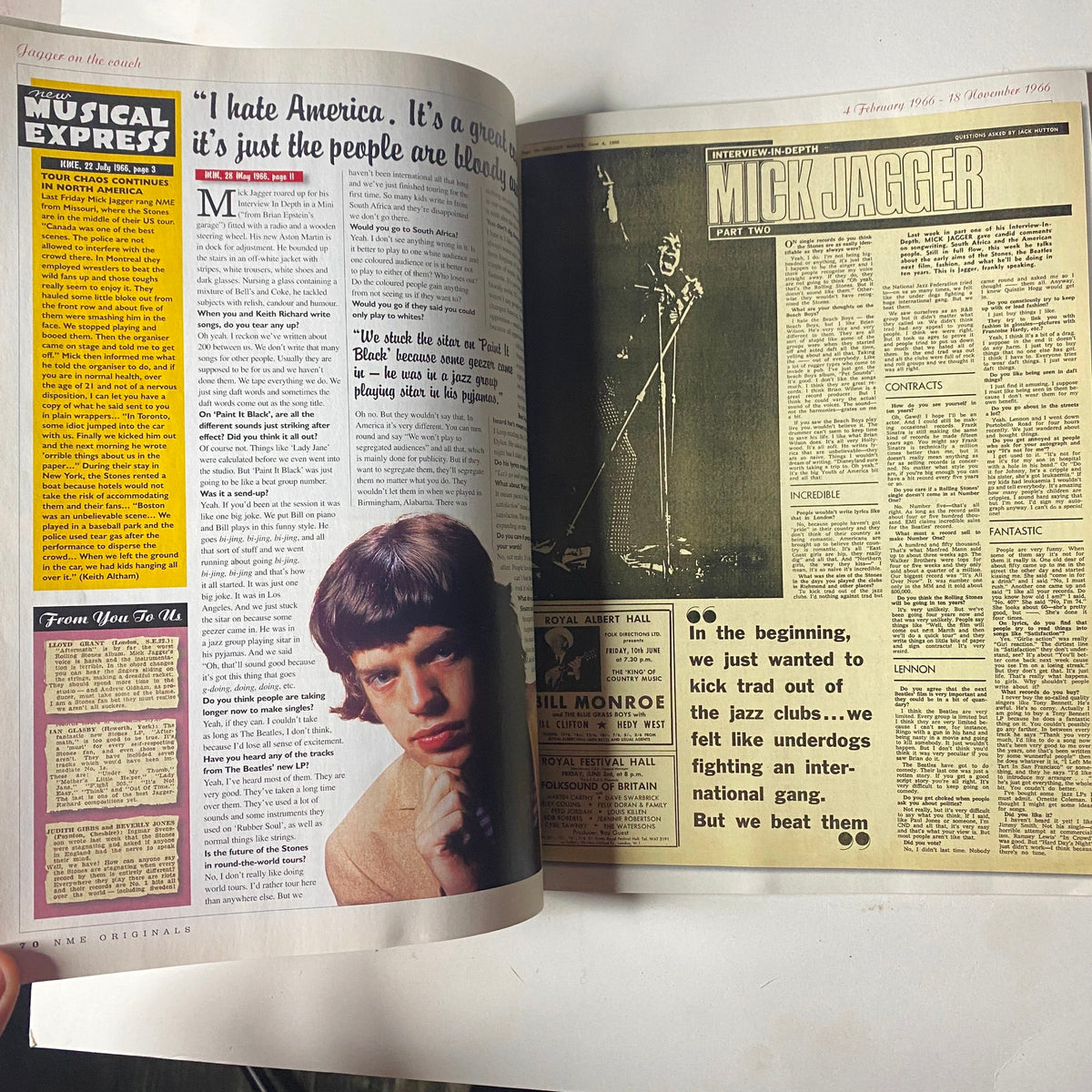 Page from NME Originals Magazine Vol 1 Issue 9 displaying an article featuring Mick Jagger discussing his views on America, highlighting the cultural impact of The Rolling Stones during the 1960s.